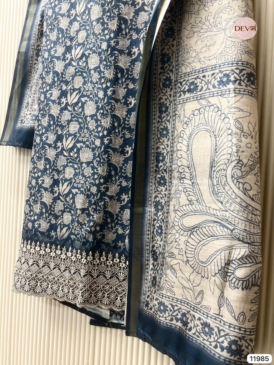 Blue Pure Tusser Silk Printed Unstitched 3-Piece Suit (Devri – D.No 11985)