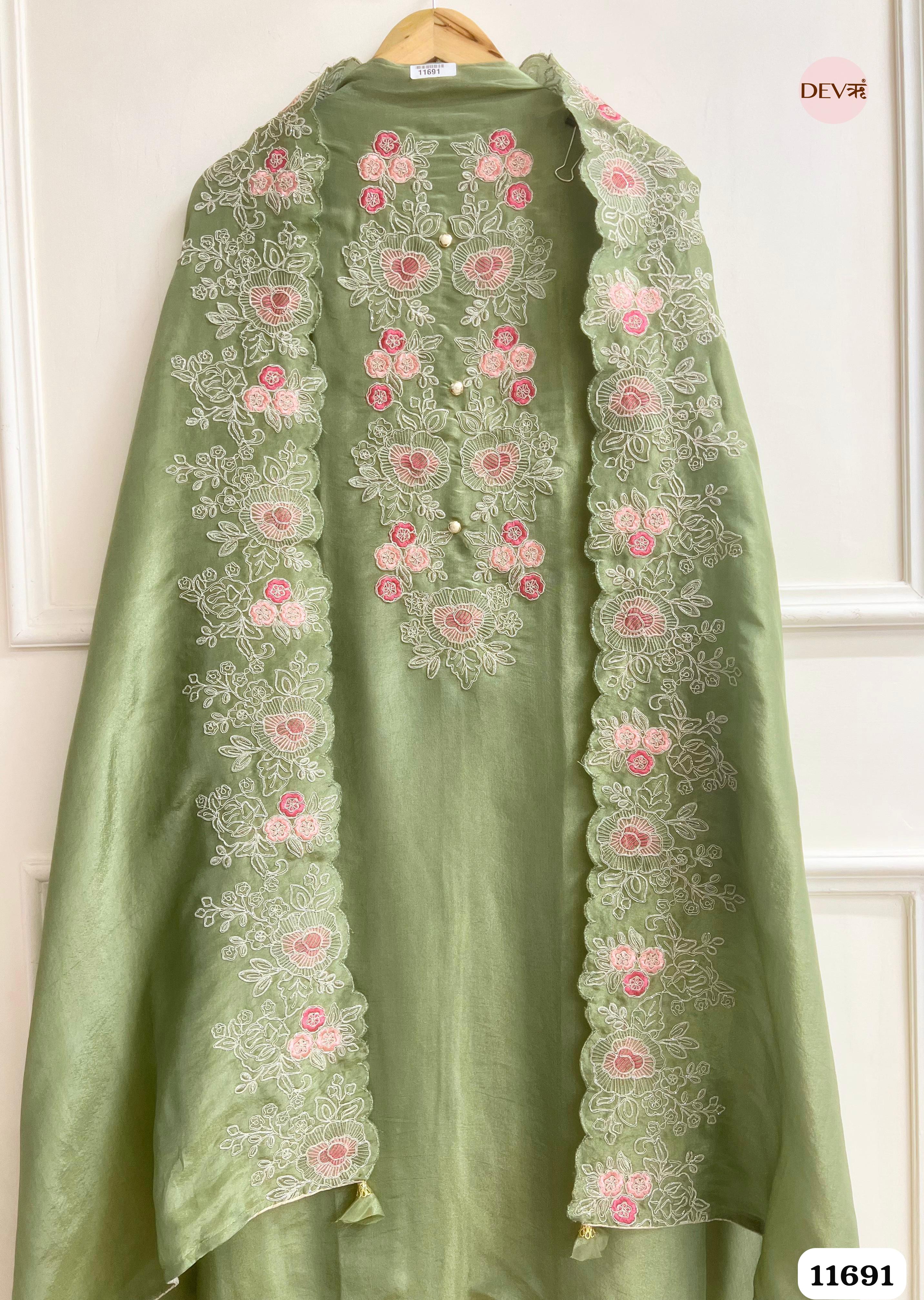 Green Tissue Silk Unstitched Embroidered -Set Of 3 {11691}