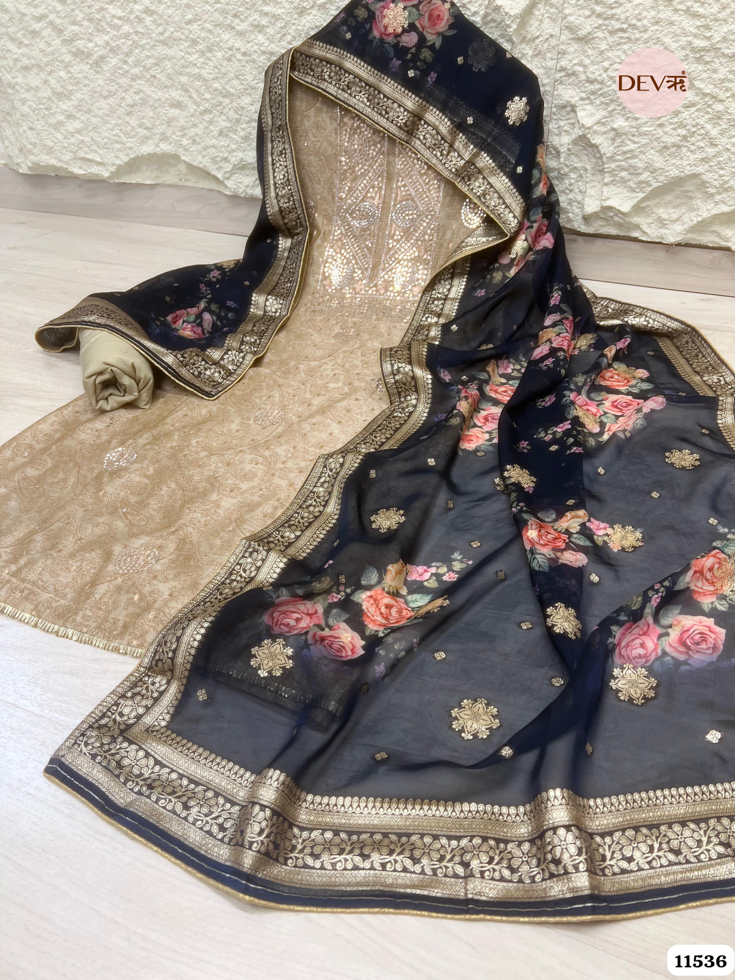 Cream Colour Pure Organza Silk Printed Unstitched Hand Embroidered -Set Of 3 {11536}