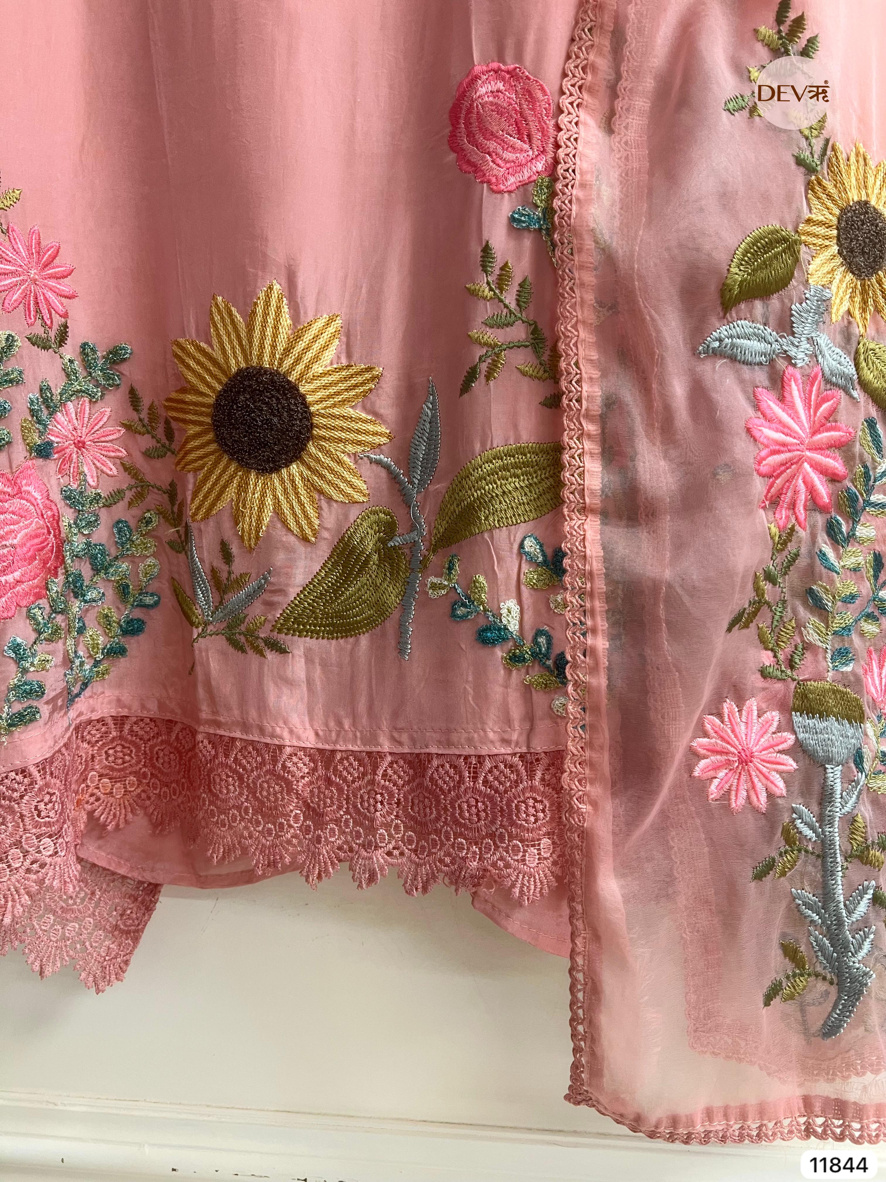 Pink Organza Silk Unstitched Embroidered -Set Of 3 - {11844}