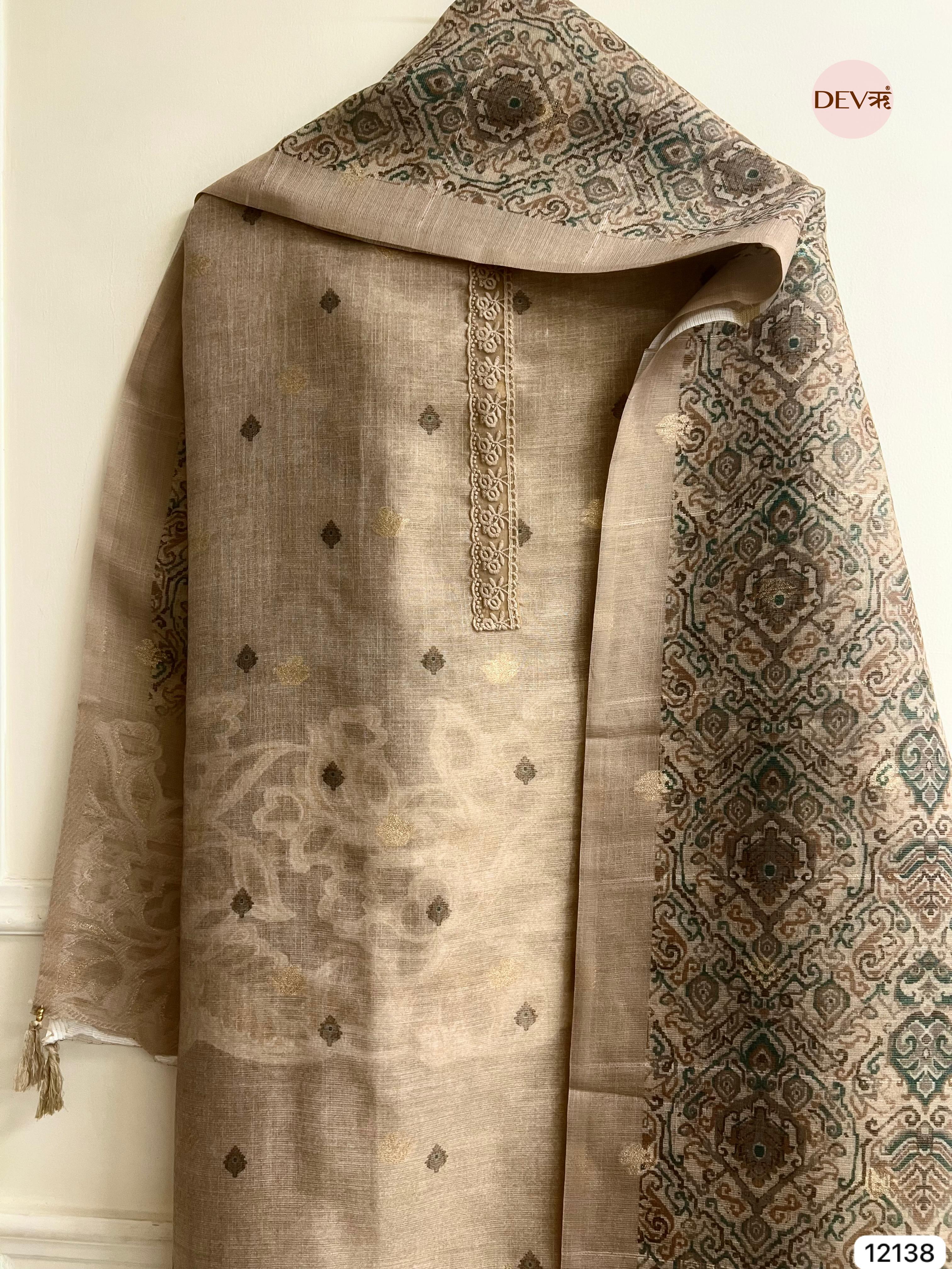 Beige Pure Jamdhani Silk Unstitched Woven Embroidered -Set Of 3 - {12138}