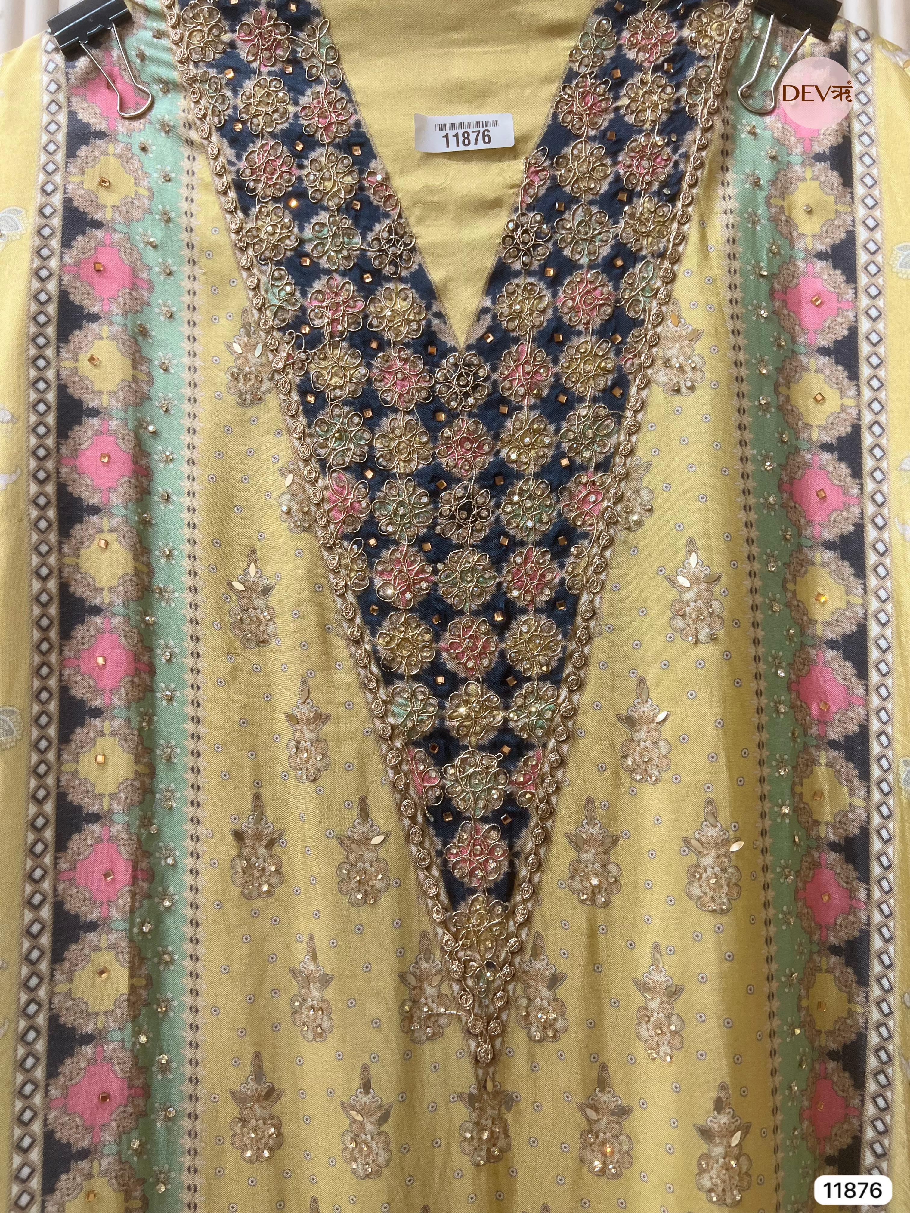 Yellow Glass Silk Semi Stitched Pakistani Printed Hand Embroidered -Set Of 3- {11876}