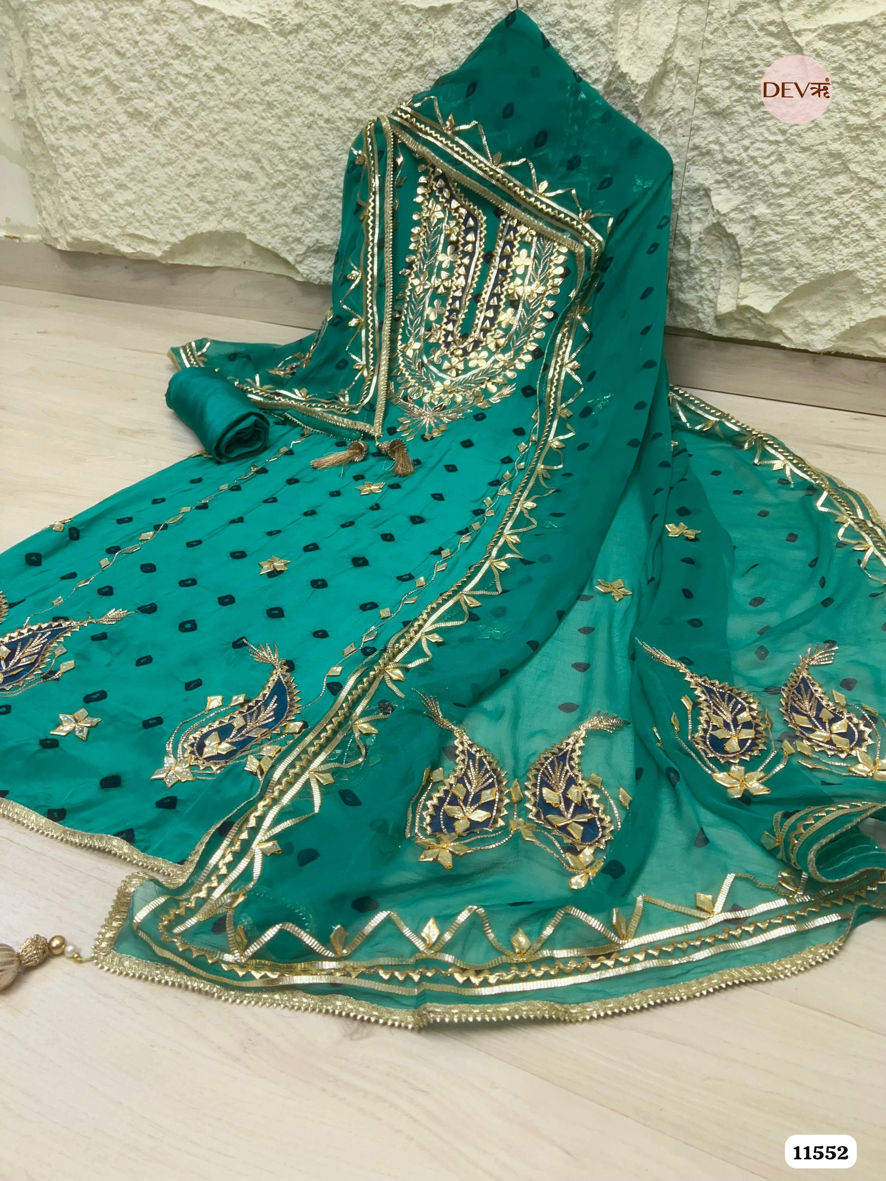 Green Pure Organza Silk Unstitched Printed Hand Gota Embroidered -Set Of 3 {11552}