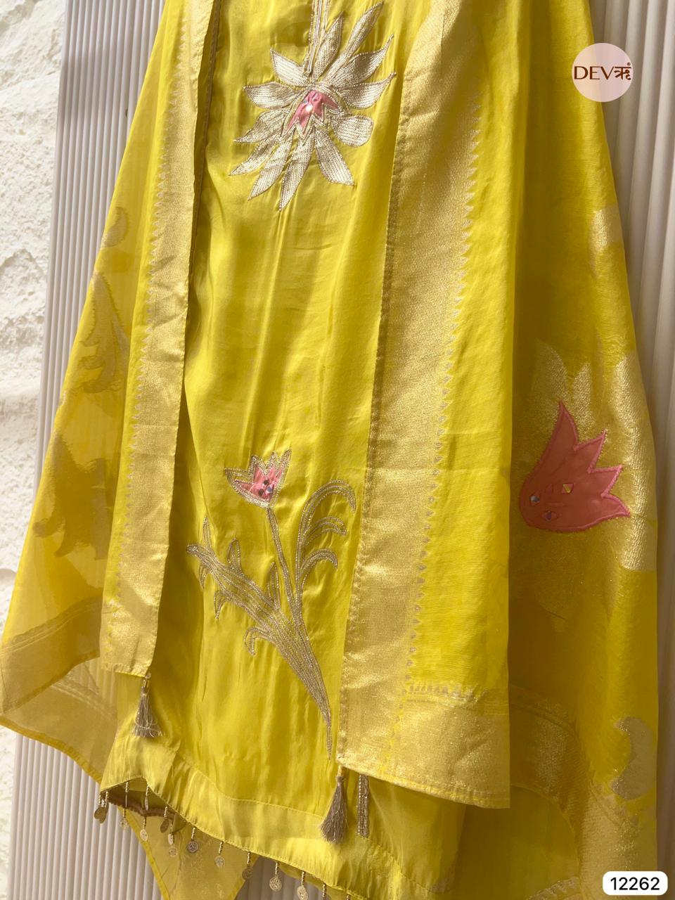 Yellow Shimmer Silk Embroidered Unstitched 3-Piece Suit (Devri – D.No 12262)