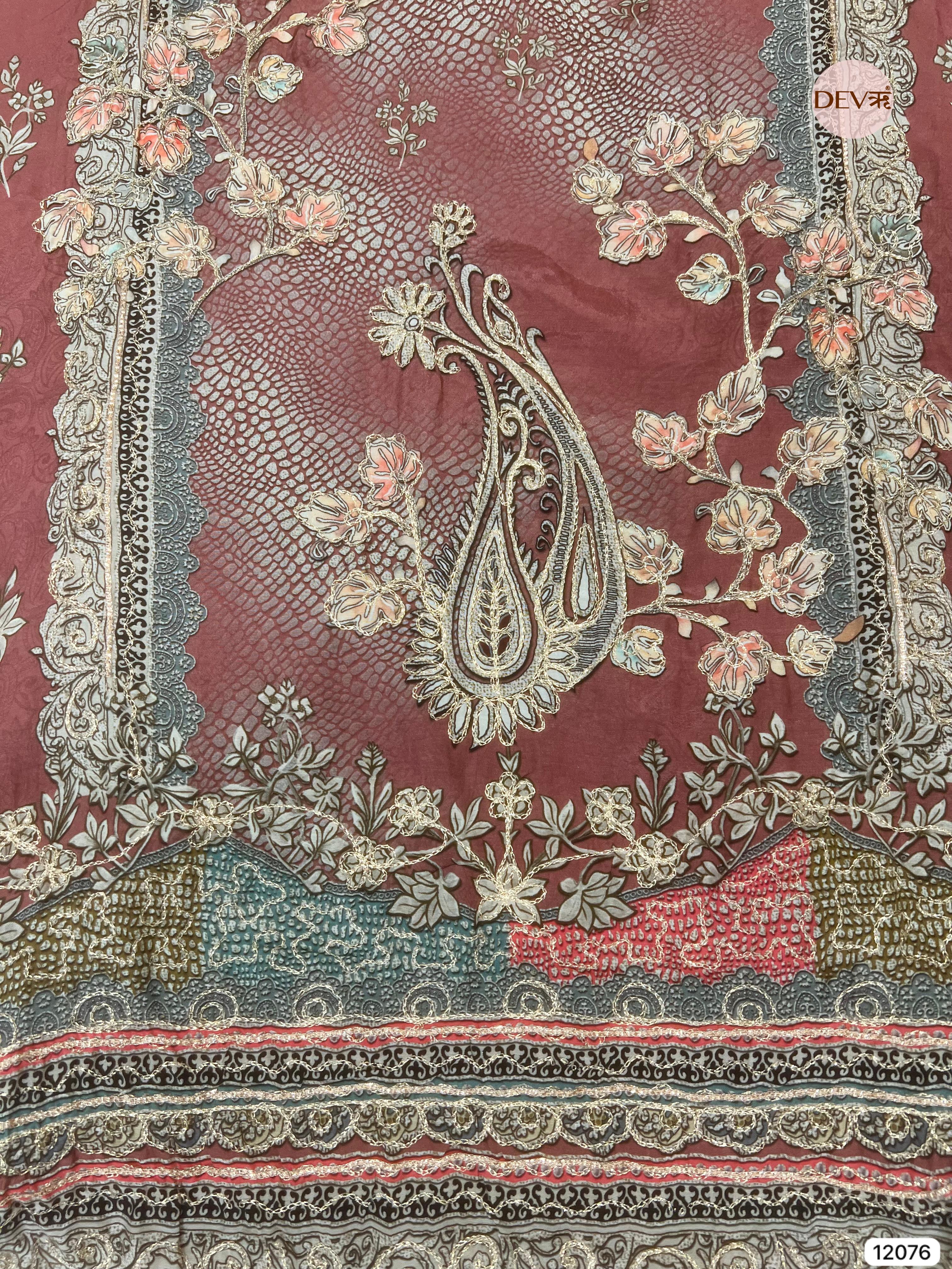 Maroon Pure Muslin Unstitched Printed With Hand Zardosi Embroidery -Set Of 3- {12076}
