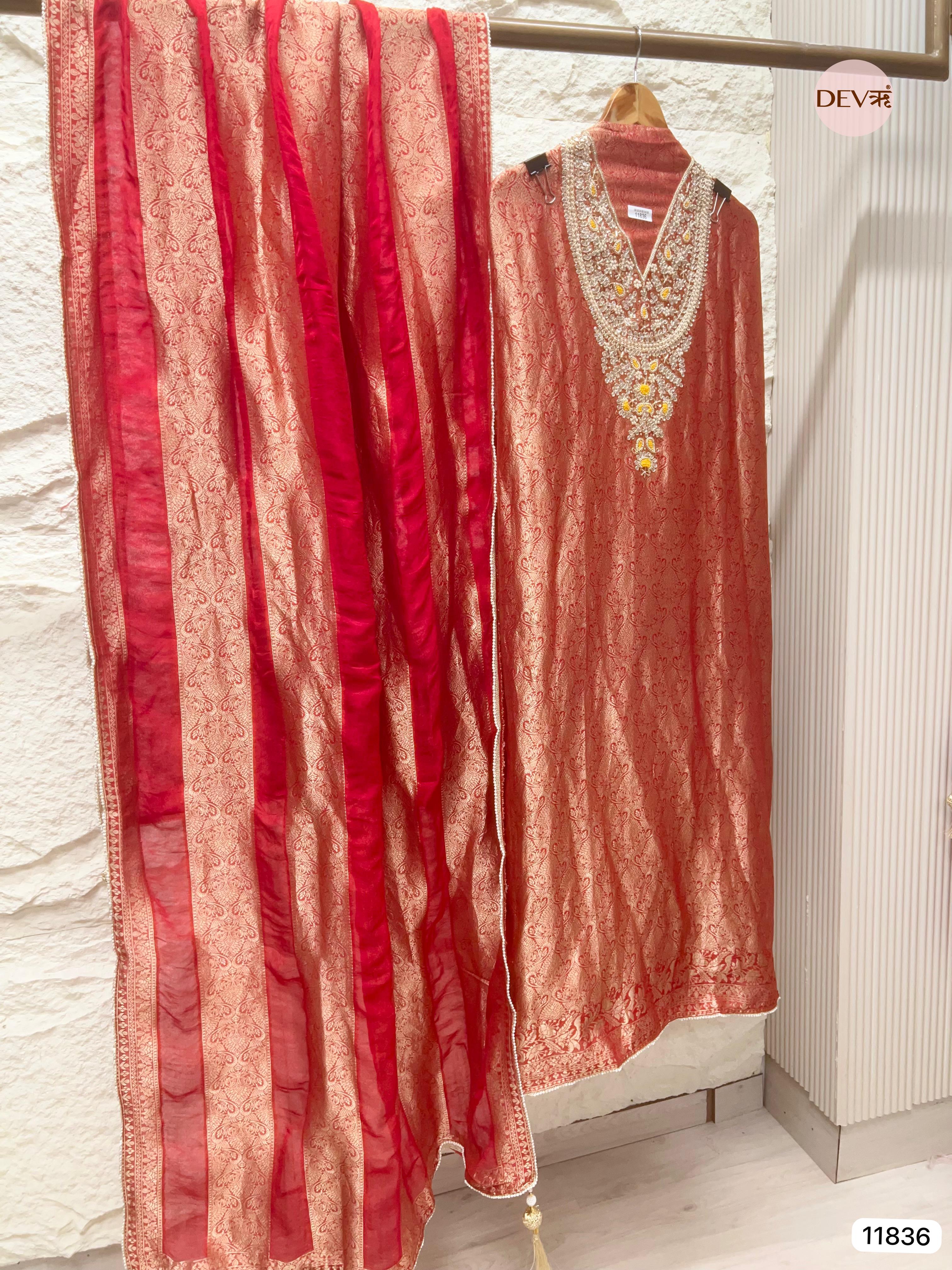 Red Pure Dola Silk Unstitched Banarasi Weave Hand Embroidered -Set Of 3- {11836}