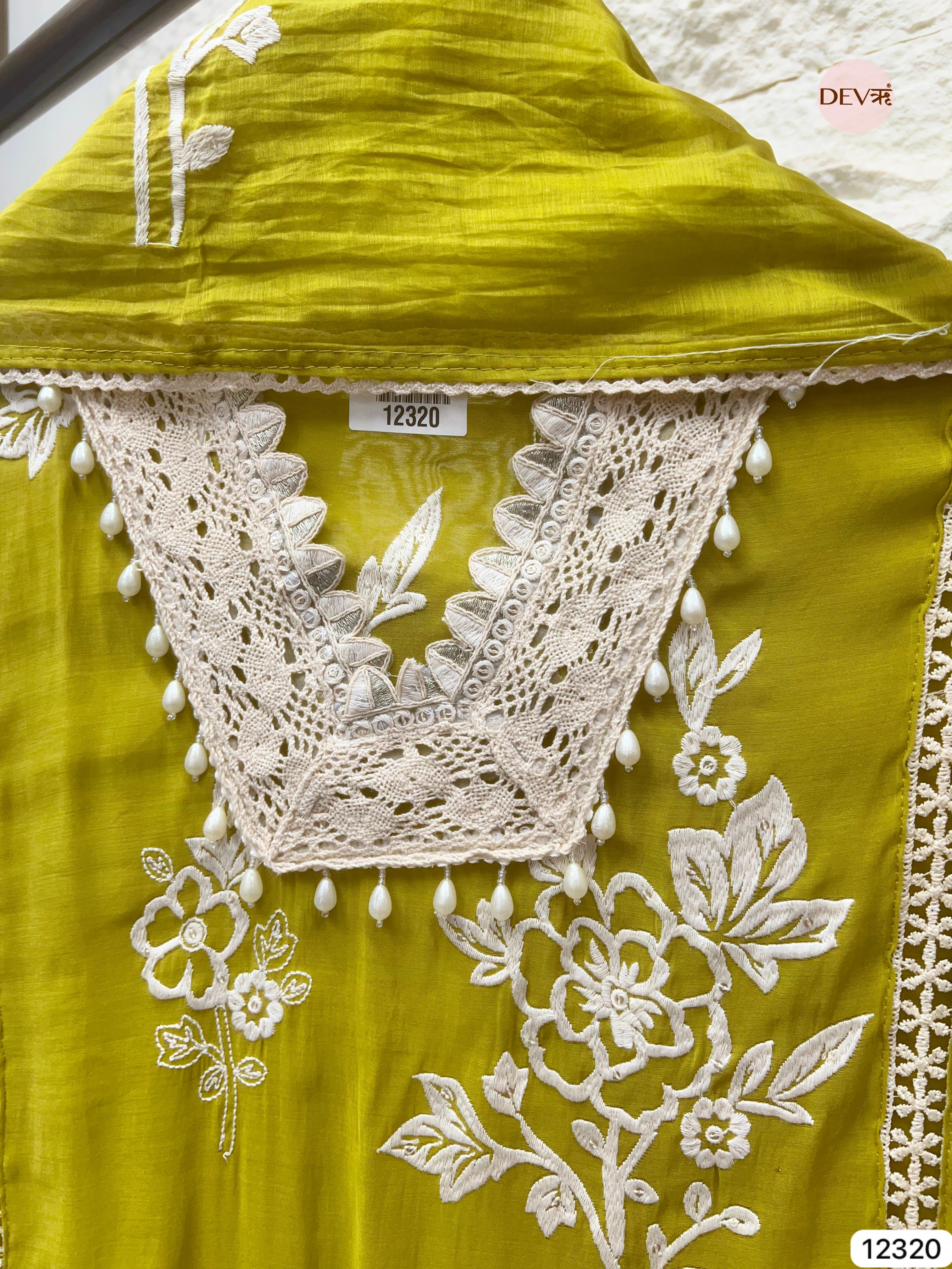 Olive Green Mul Chanderi Embroidered Unstitched 3-Piece Suit (Devri – D.No 12320)