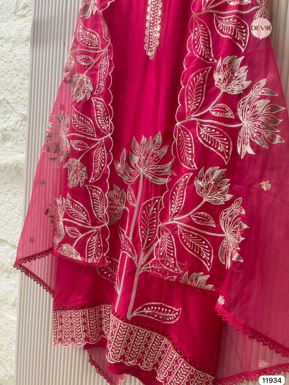Pink Glass Tissue Silk Unstitched Embroidered -Set Of 3 - {11934}
