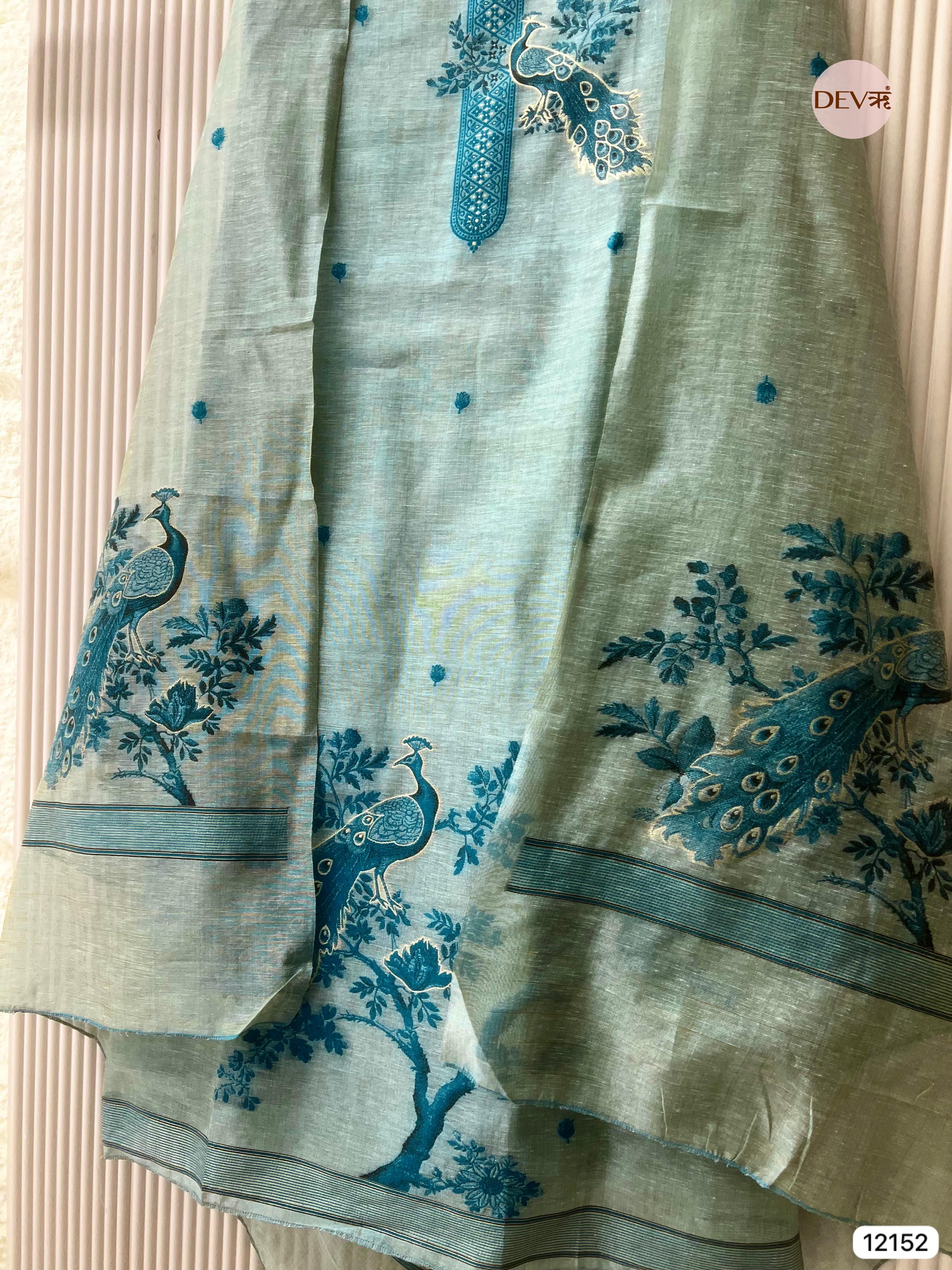 Light Green Pure Jamdani Linen Unstitched-Set Of 3- {12152}