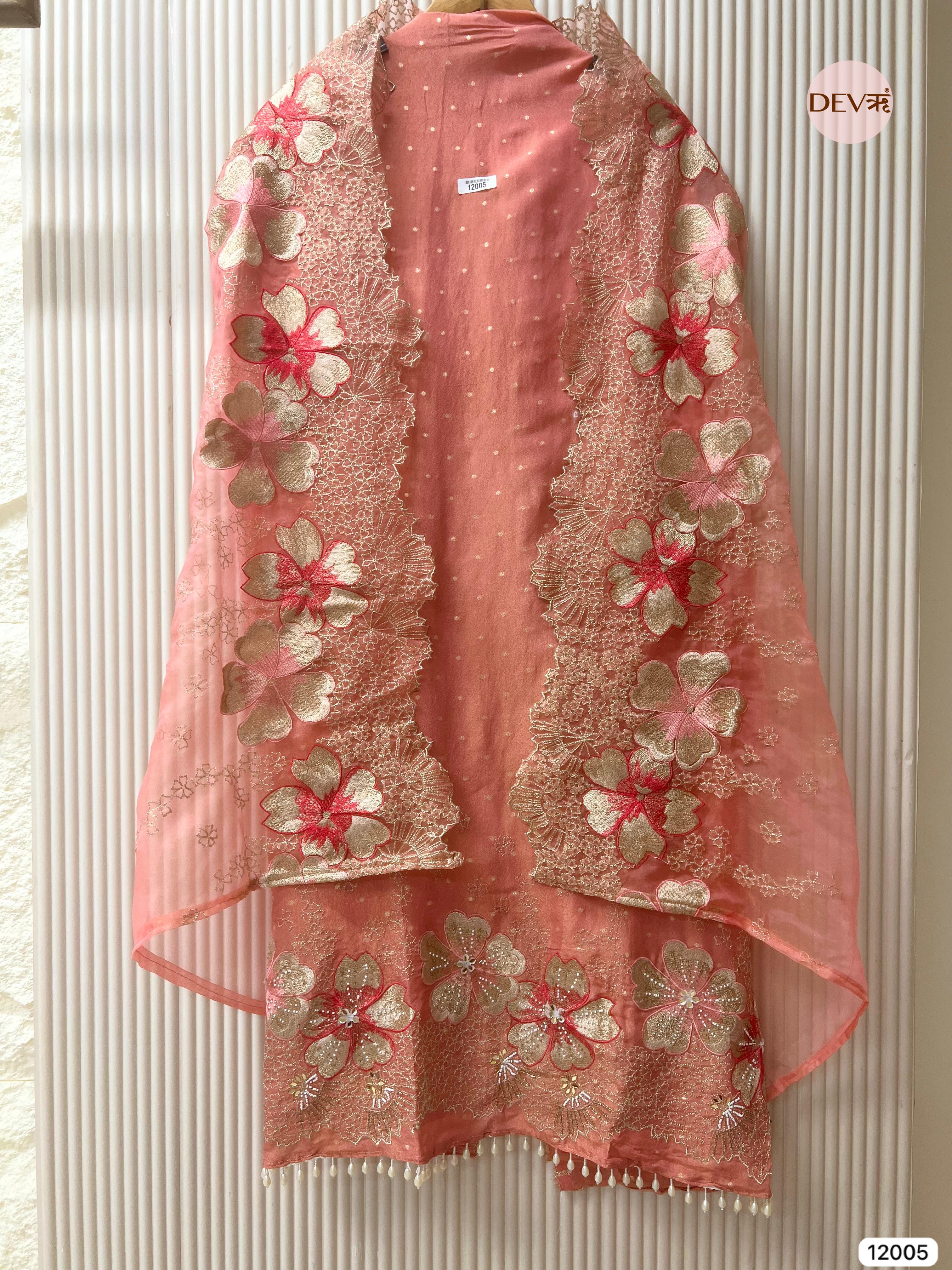 Light Pink Tissue Shimmer Silk Unstitched Embroidered -Set Of 3 - {12005}