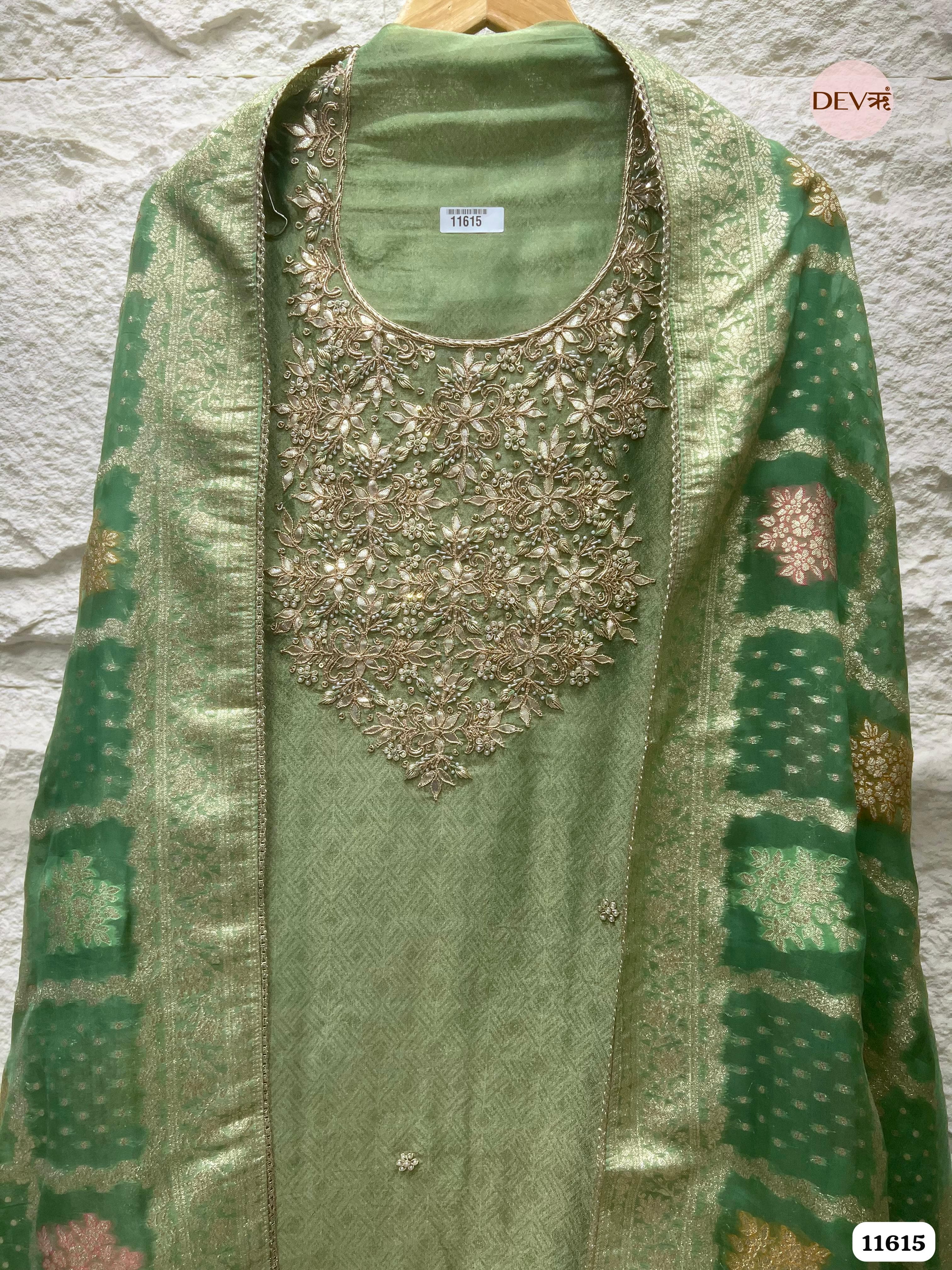 Green Pure Tissue Silk Unstitched Hand Embroidered -Set Of 3 {11615}