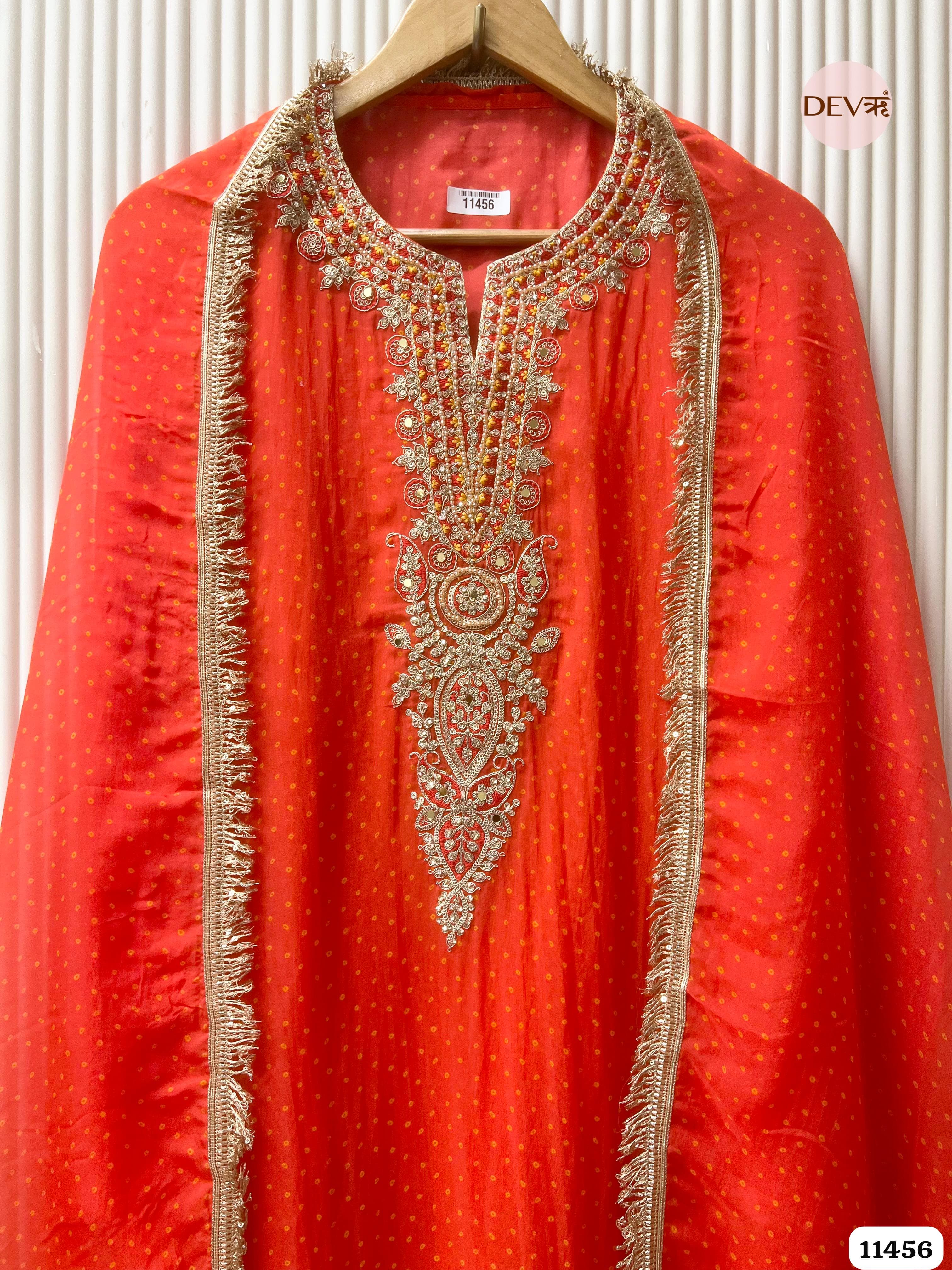 Bright Reddish-Orange Pure Organza Printed Hand Embroidered -Set Of 3 {11456}