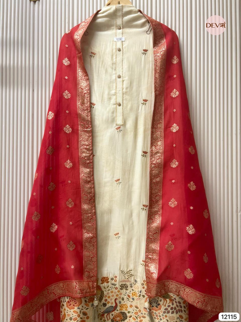 Ivory Russian Silk Embroidered Unstitched 3-Piece Suit (Devri – D.No 12115).
