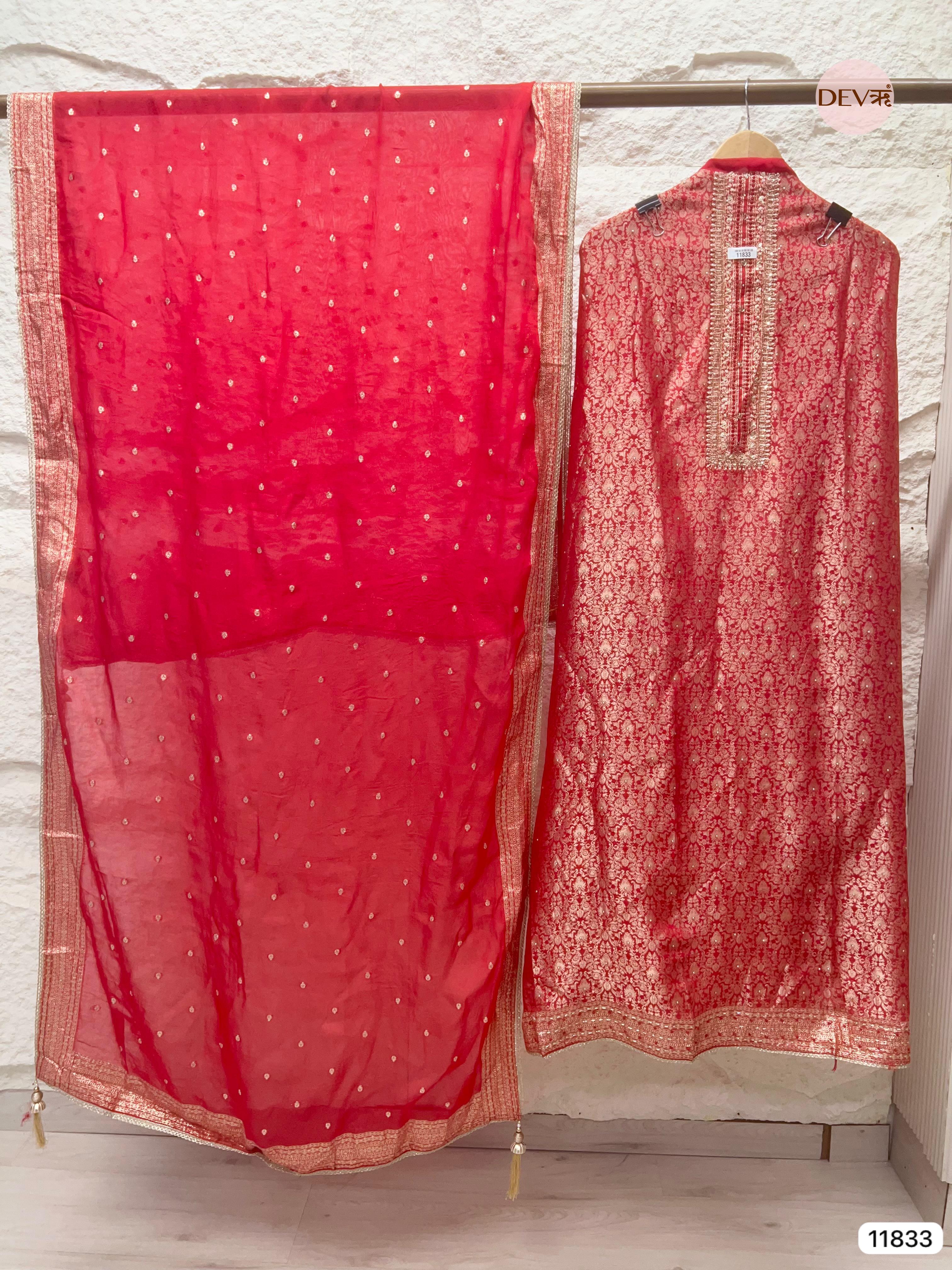 Red Pure Shimmer Tissue Banarasi Woven Silk Unstitched Hand Embroidered -Set Of 3- {11833}