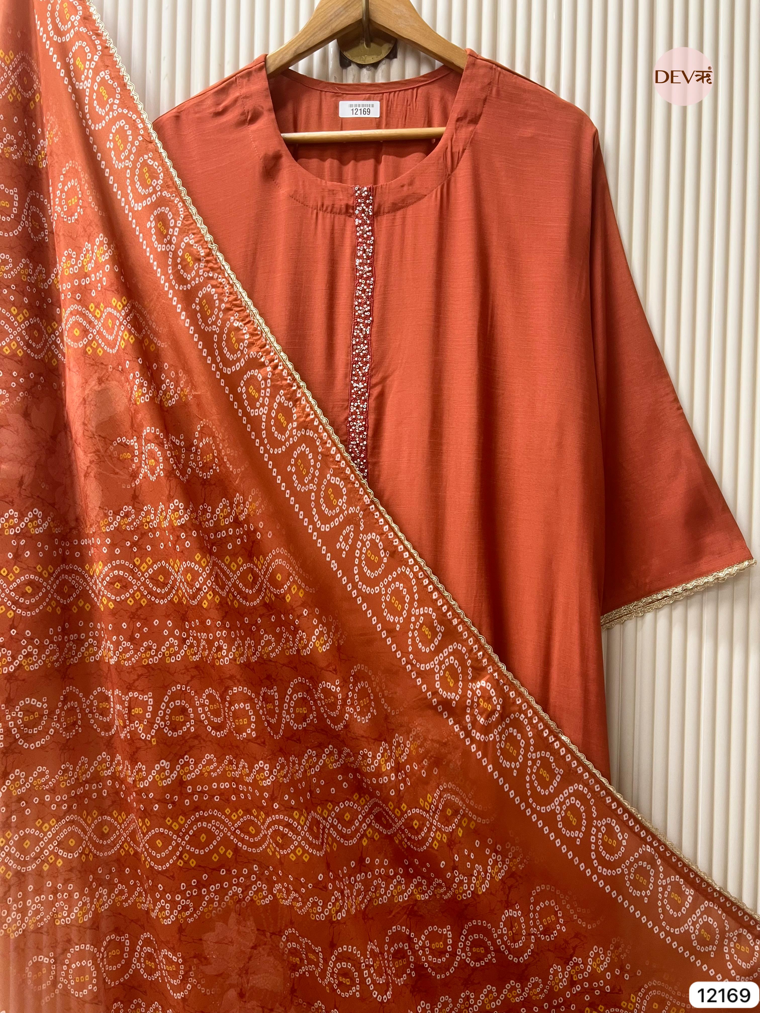 Rust Pure Russian Silk Semi Stitched Hand Embroidered -Set Of 3 - {12169}