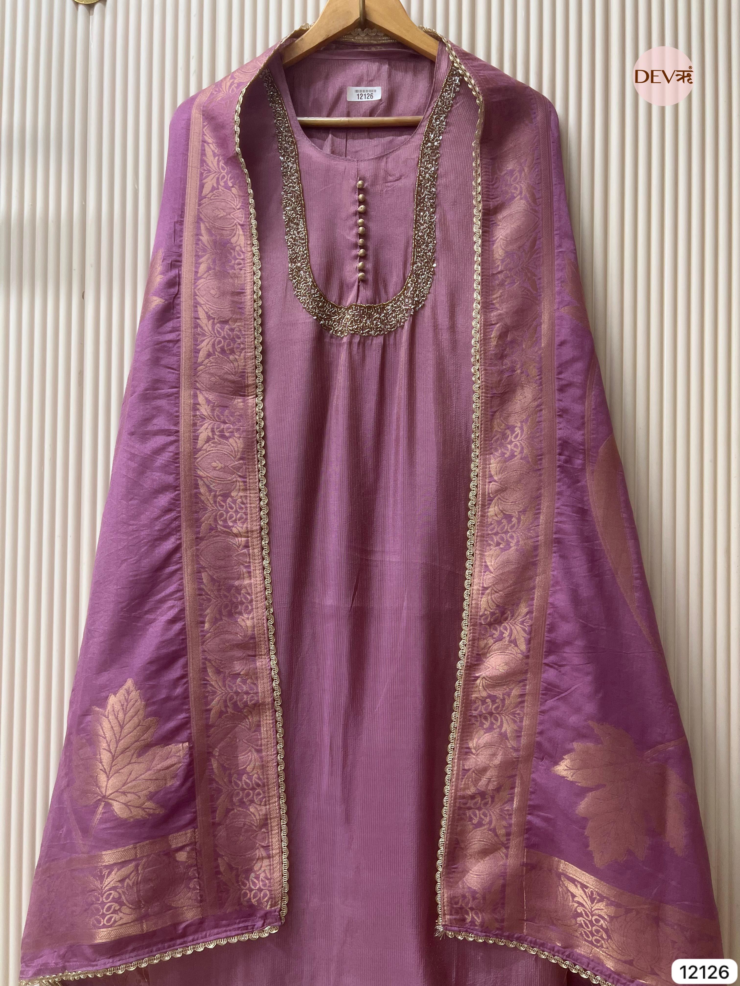 Purple Shimmer Silk Unstitched Hand Embroidered -Set Of 3 - {12126}