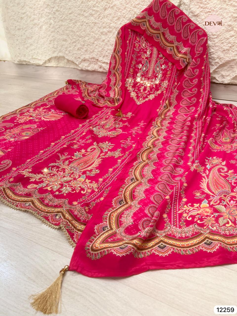 Fuchsia Pure Crepe Embroidered Unstitched 3-Piece Suit (Devri – D.No 12259)