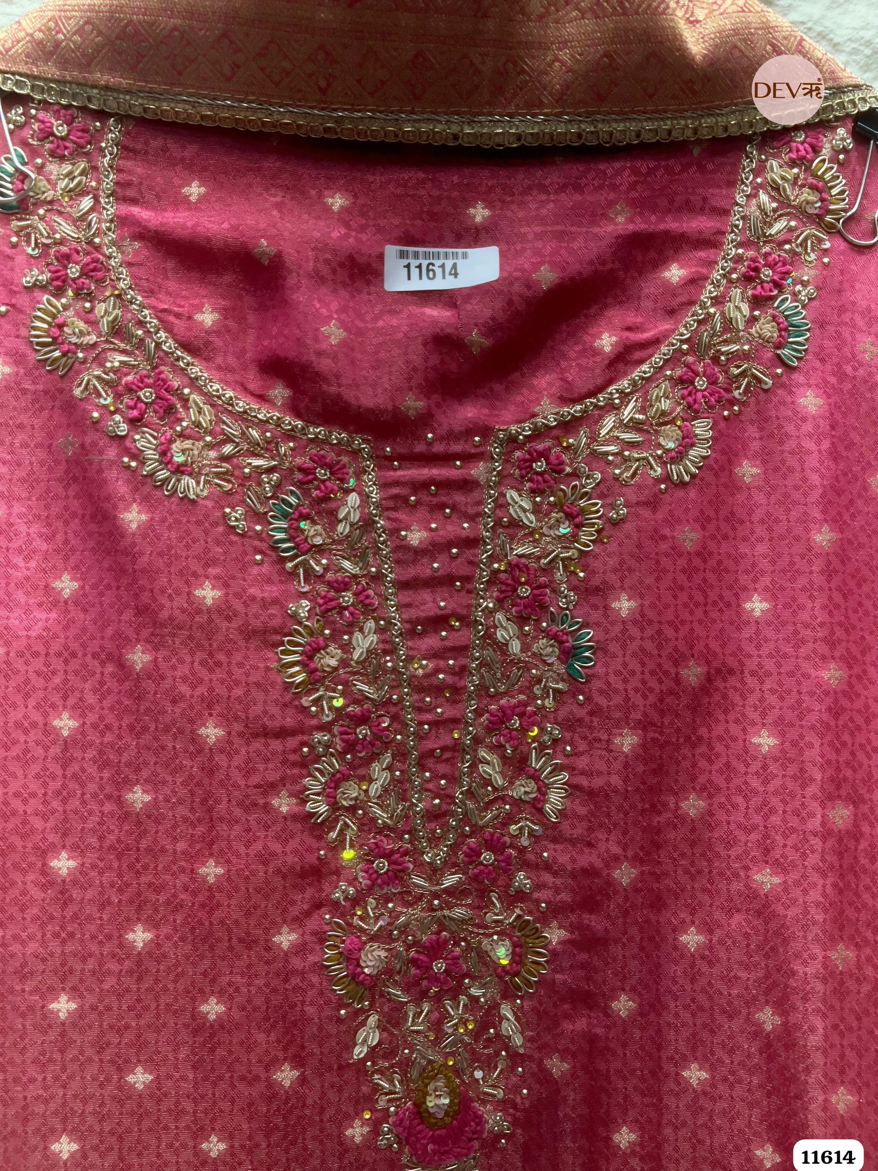 Rose Pink Pure Tissue Banarasi Silk Unstitched Hand Embroidered -Set Of 3 {11614}
