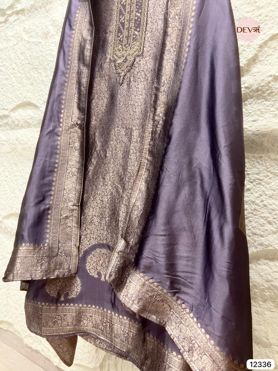 Soft Mauve Pure Banarasi Silk Embroidered Unstitched 3-Piece Suit (Devri – D.No 12336)