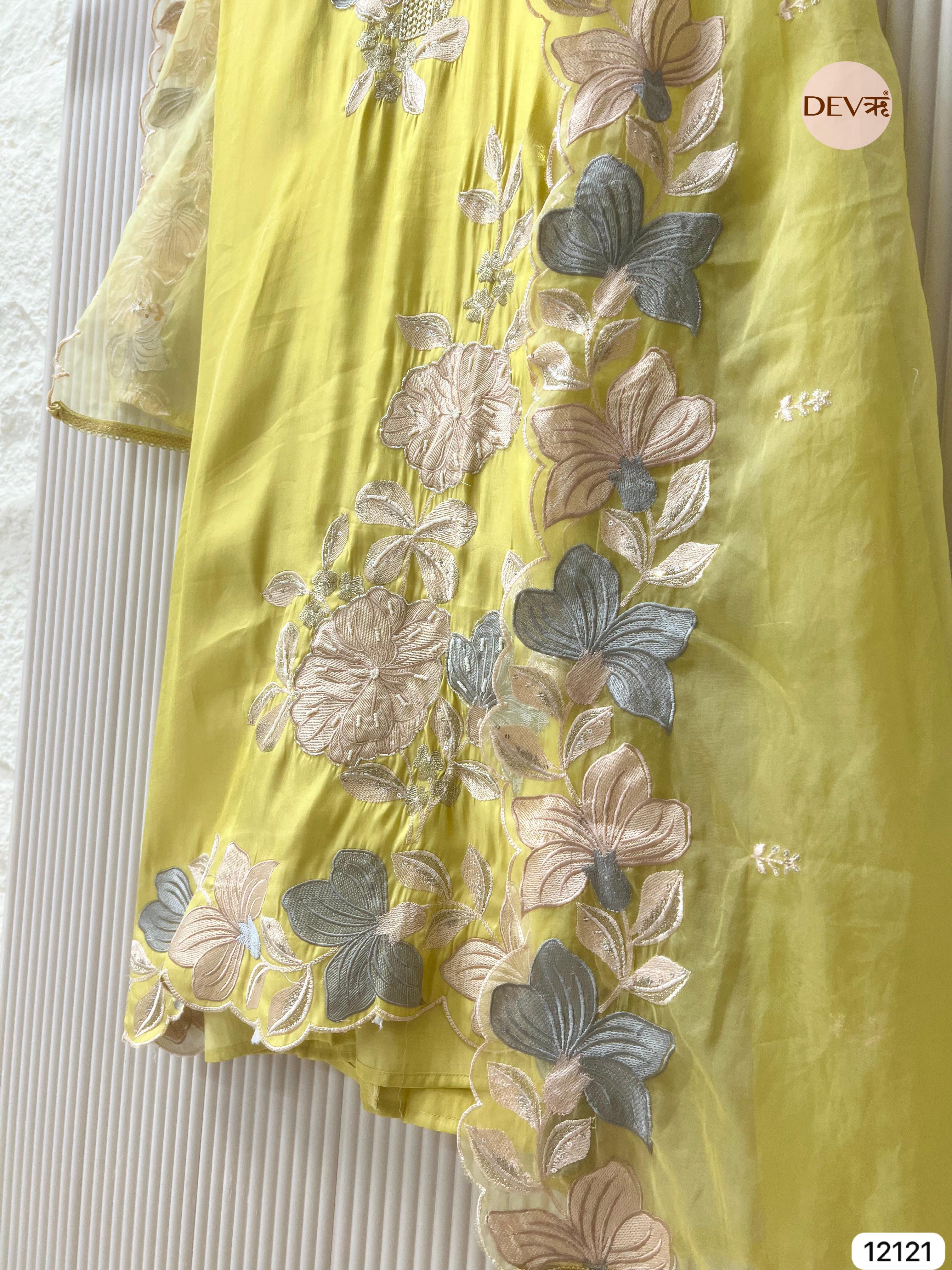 Yellow Organza Silk Unstitched Hand Embroidered -Set Of 3 - {12121}