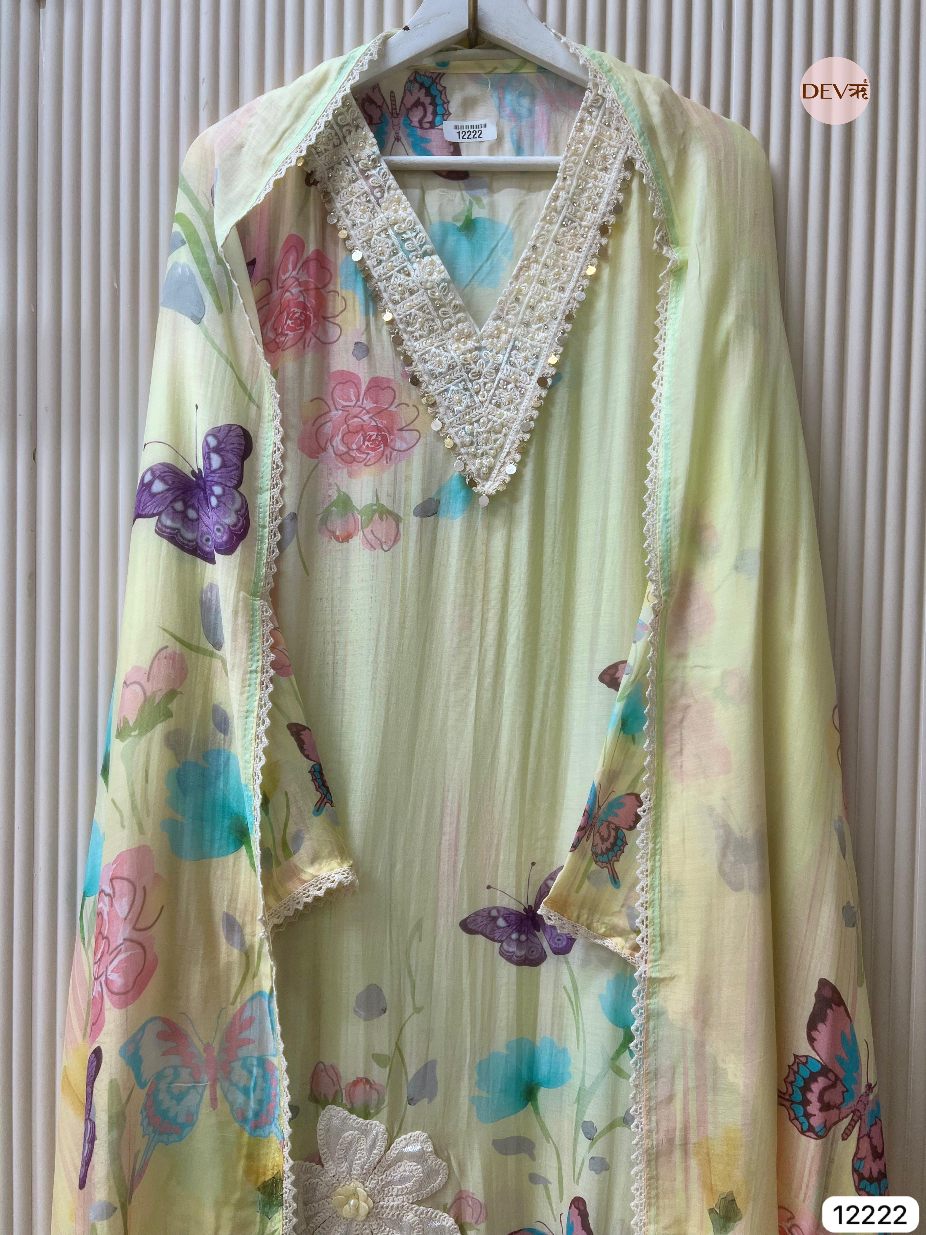 Pastel Yellow Mul Chanderi Printed Unstitched 3-Piece Suit (Devri – D.No 12222)
