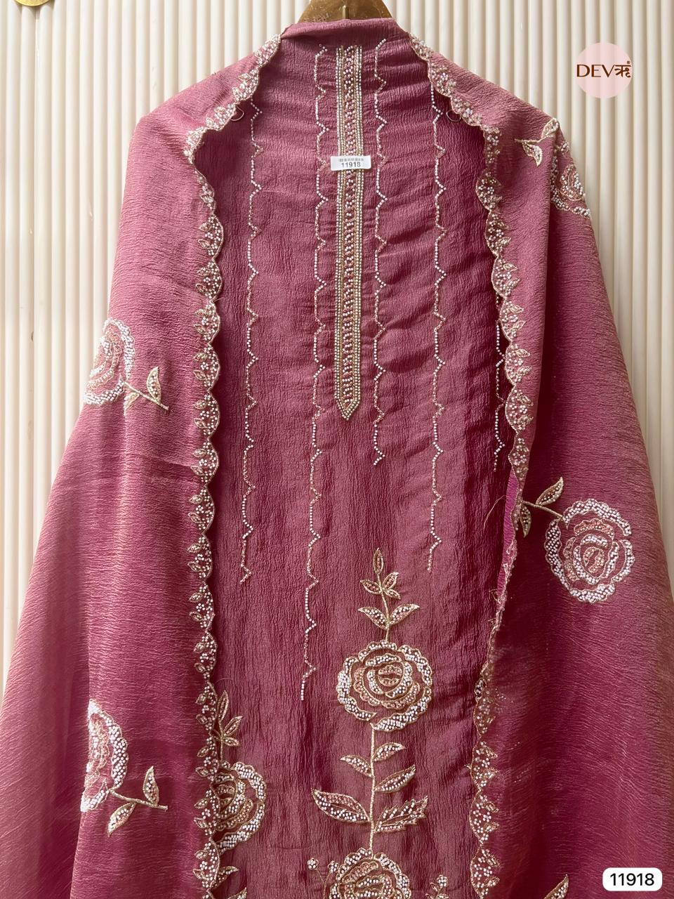 Purple Pure Tissue Crush Unstitched Hand Embroidered -Set Of 3 - {11918}