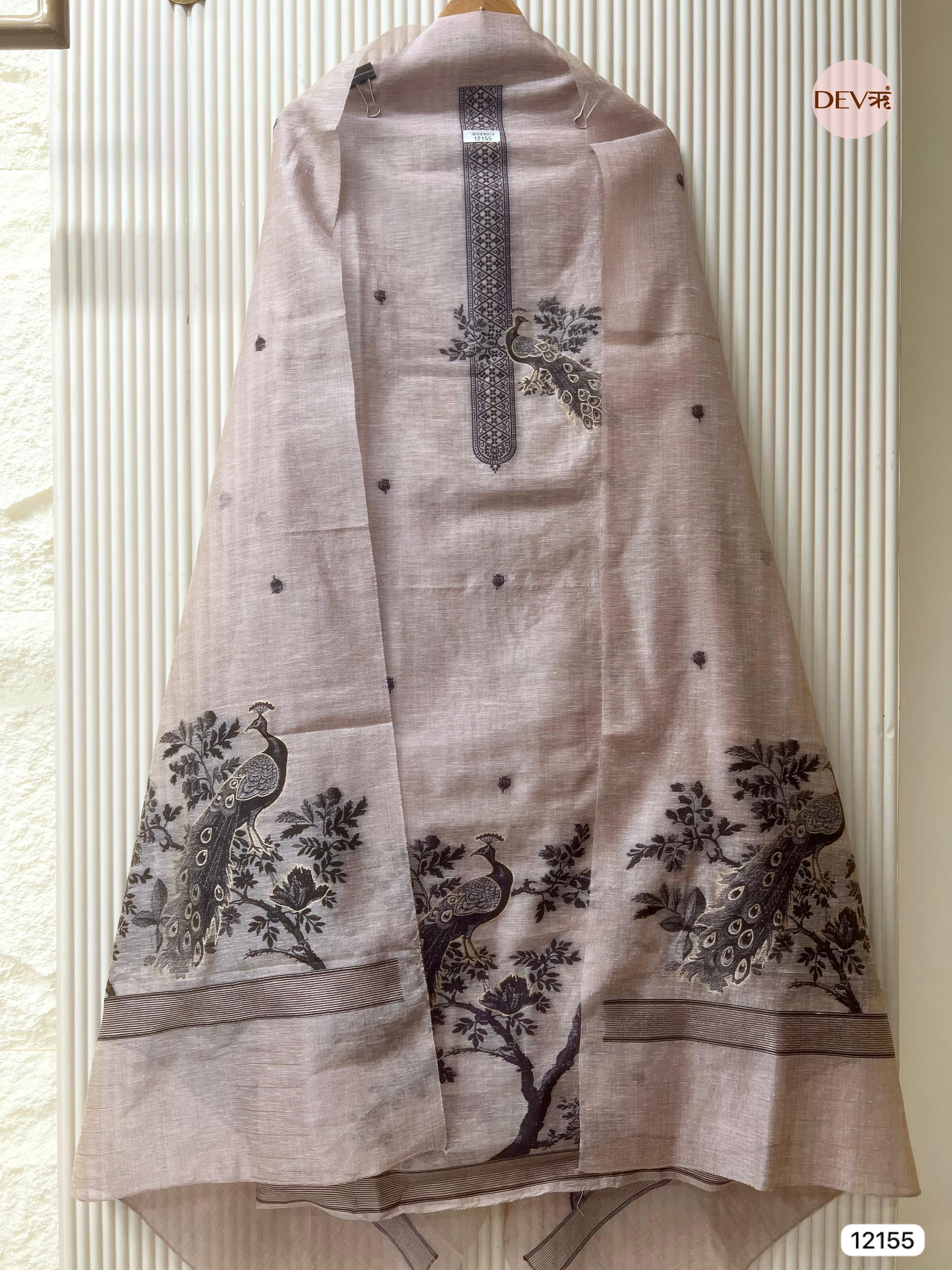 Light Brown Pure Jamdani Linen Unstitched-Set Of 3 - {12155}