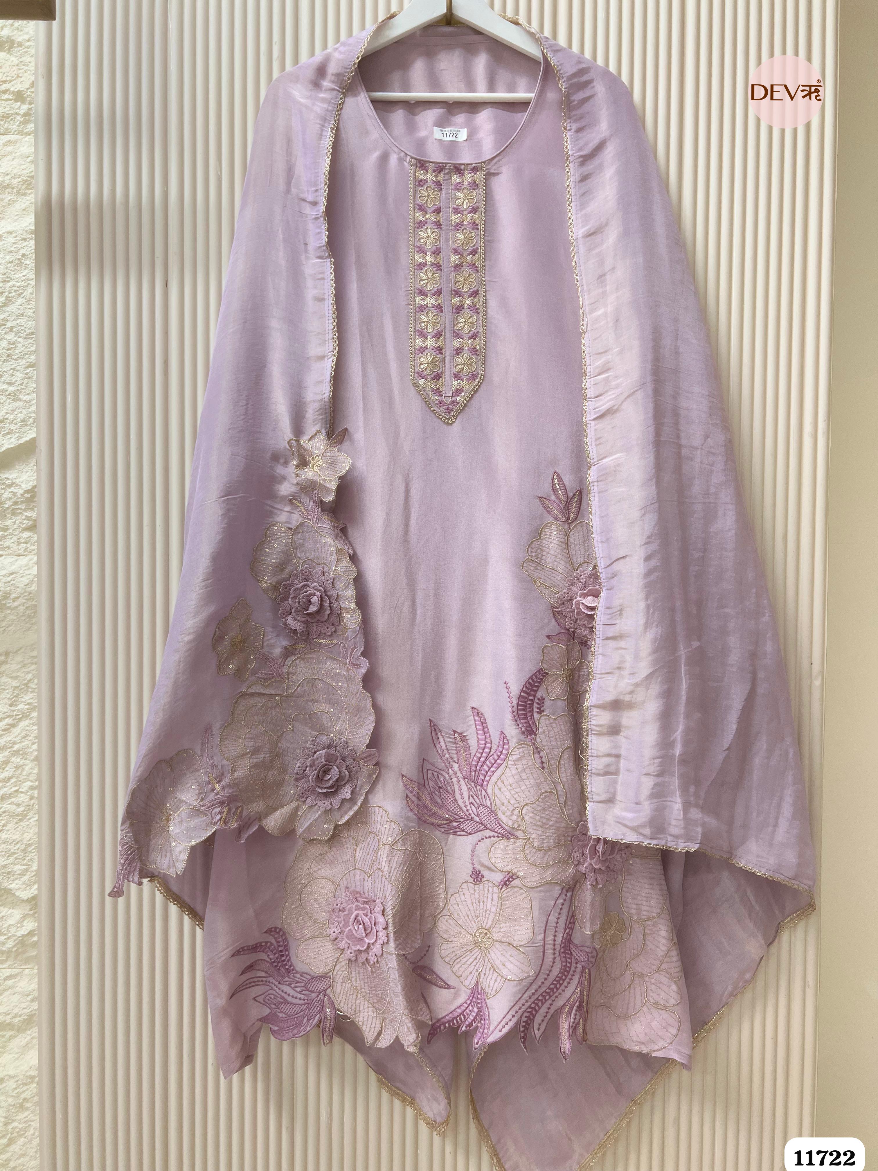 Light Purple Tissue Shimmer Silk Unstitched Embroidered -Set Of 3- {11722}