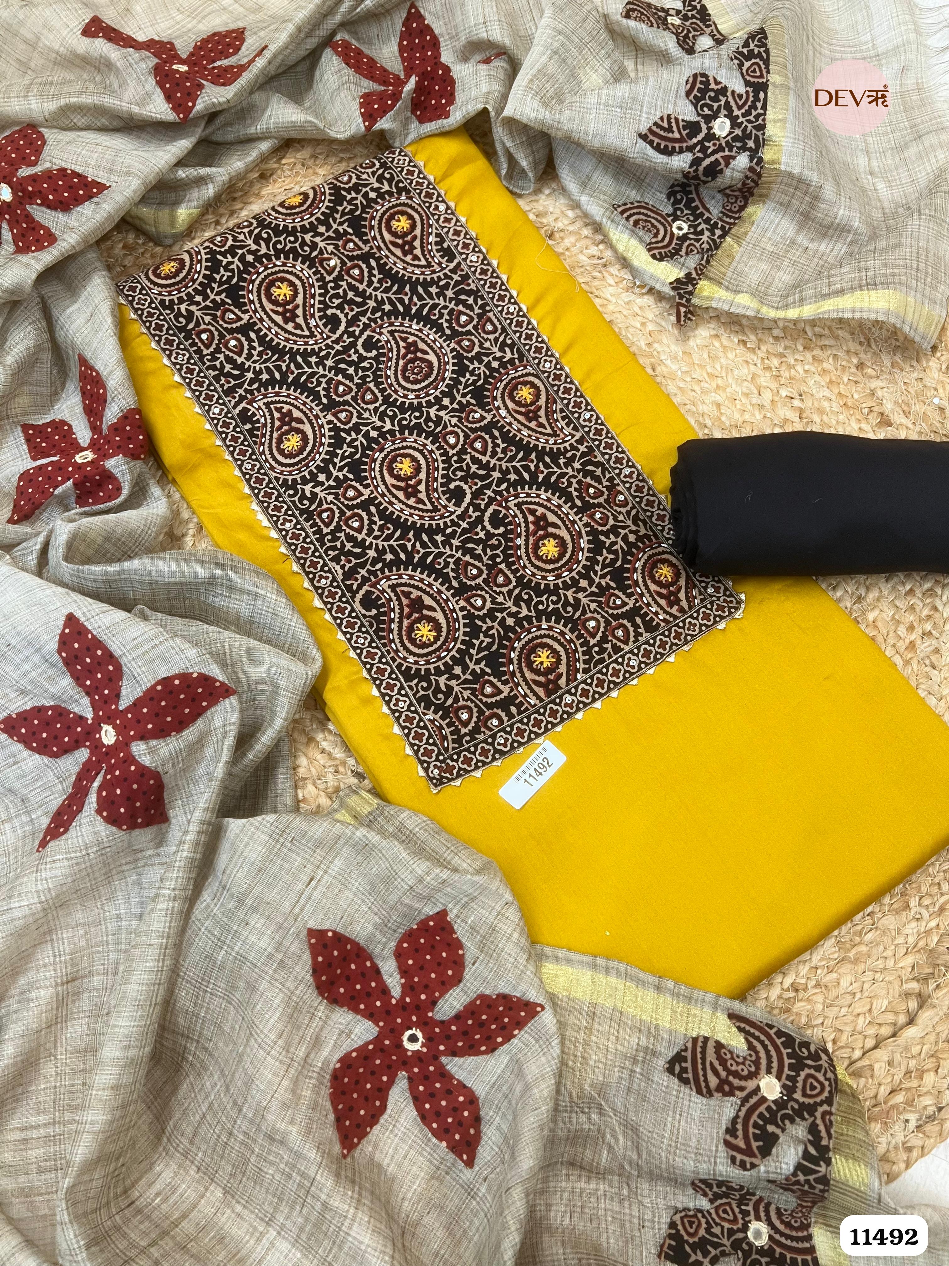 Yellow Cotton Jaam Unstitched Printed Embroidered -Set Of 3 {11492}