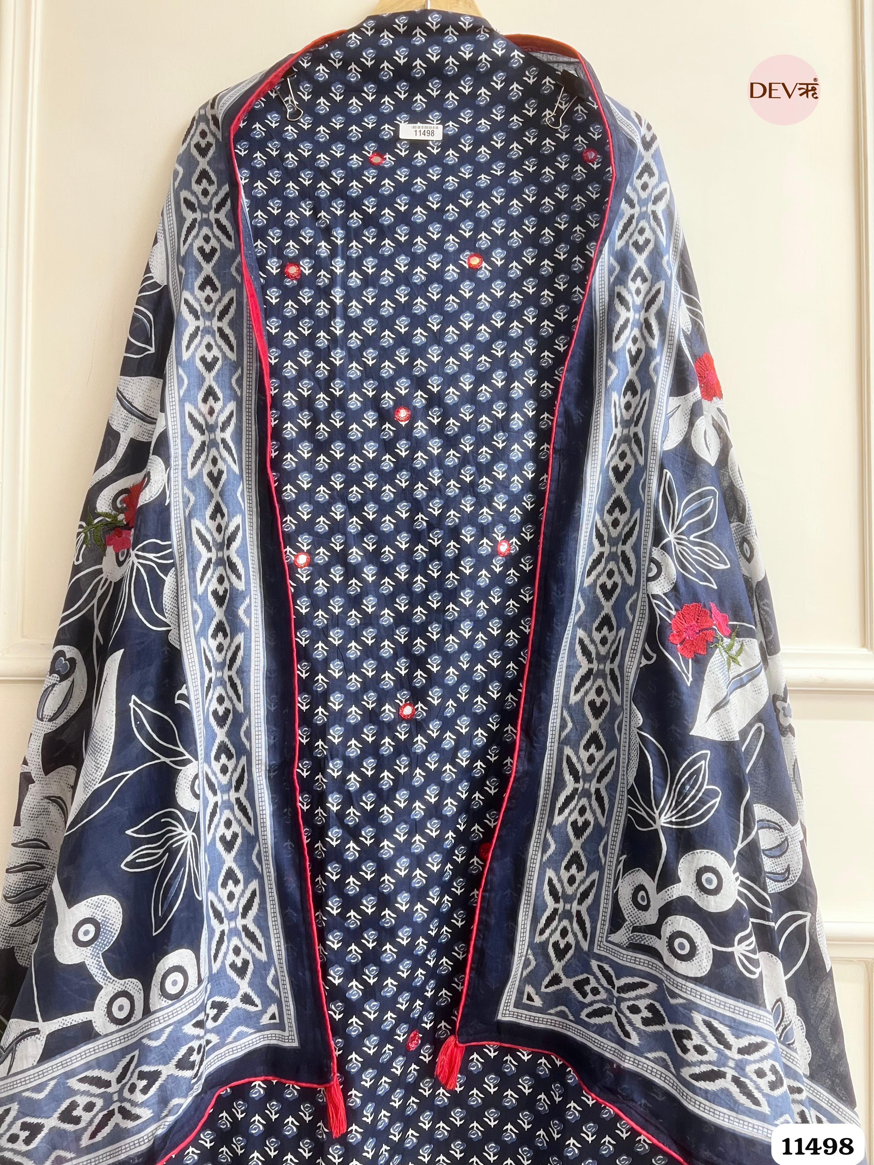 Blue Mul Cotton Unstitched Printed Hand Embroidered -Set Of 3 {11498}