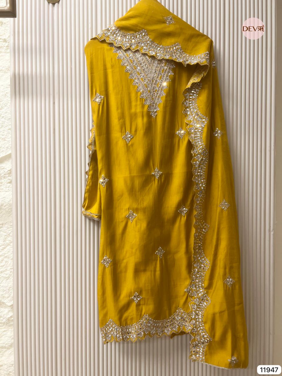 Yellow Modal Silk Unstitched Hand Embroidered -Set Of 3 - {11947}