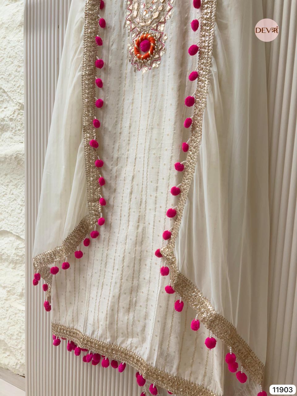 White Tissue Shimmer Silk Unstitched Hand Embroidered -Set Of 3 - {11903}