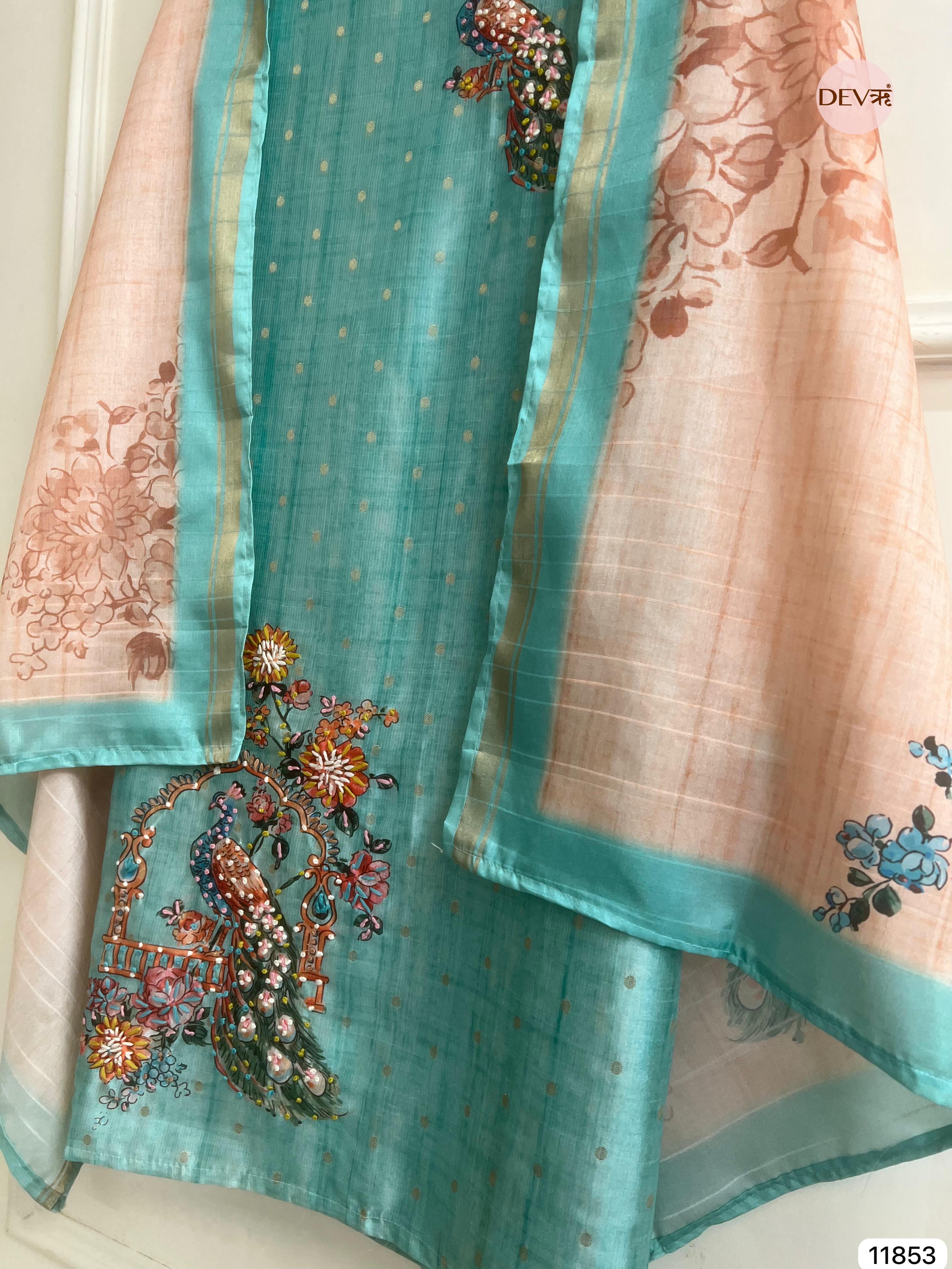 Light Blue Tusser Silk Unstitched Printed Hand Embroidered -Set Of 3- {11853}