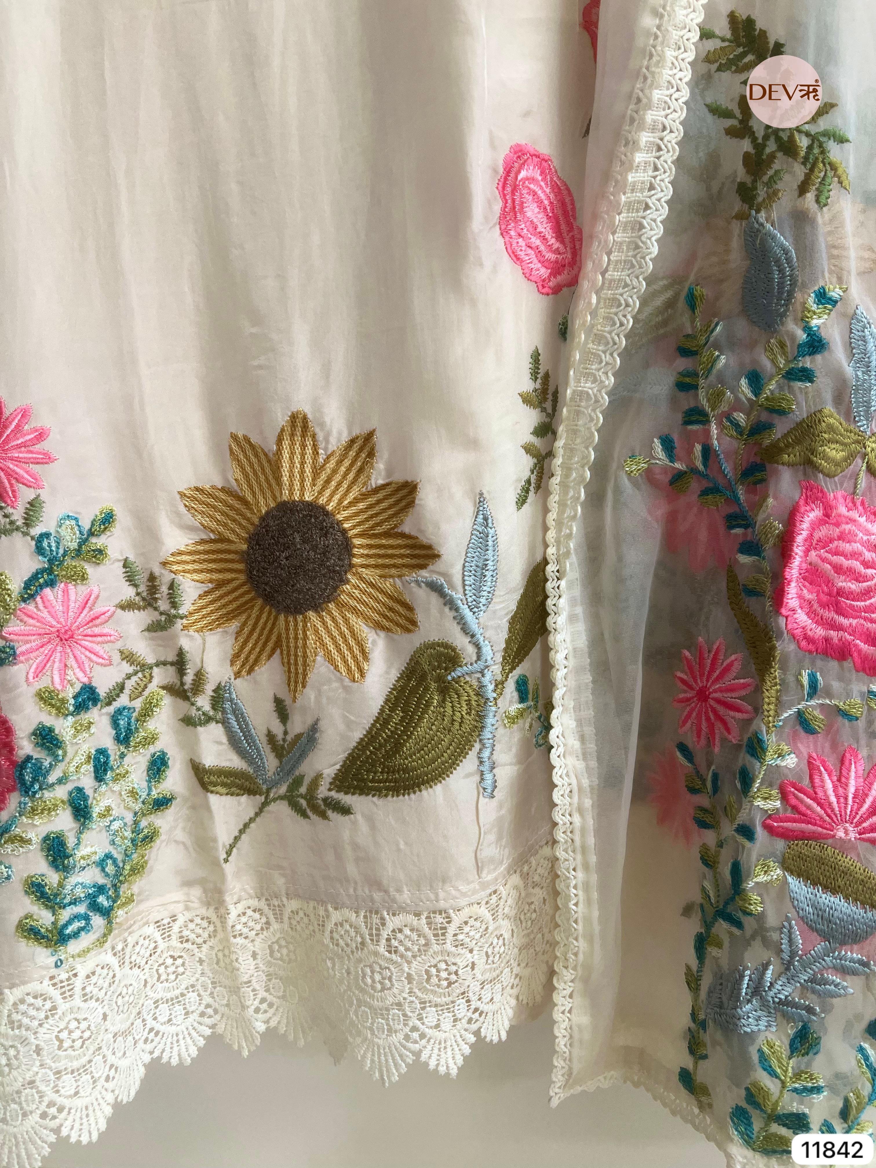 White Organza Silk Unstitched Embroidered -Set Of 3 - {11842}