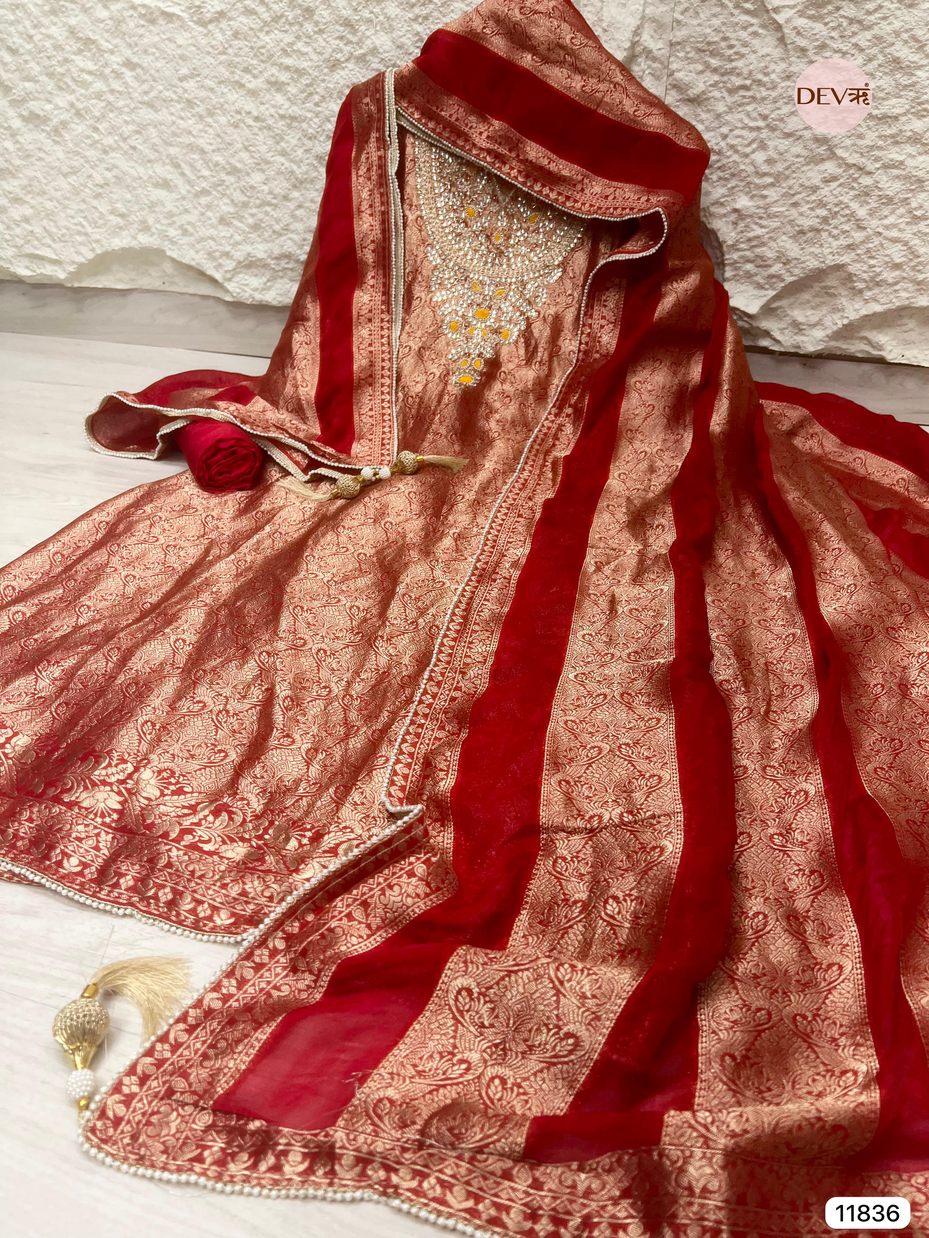 Red Pure Dola Silk Unstitched Banarasi Weave Hand Embroidered -Set Of 3- {11836}