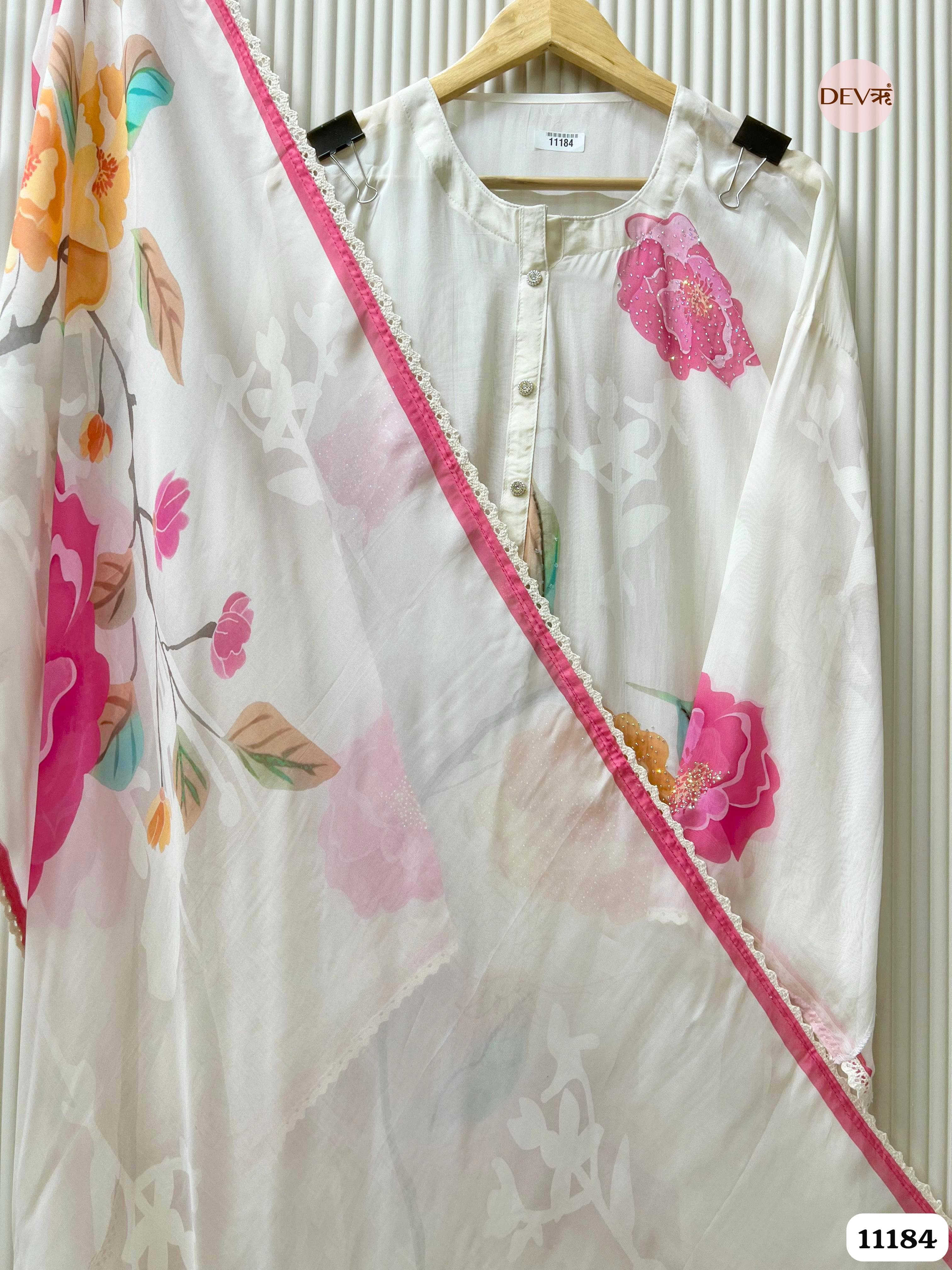 White Organza Printed Semi Stitched -Set Of 3 {11184}