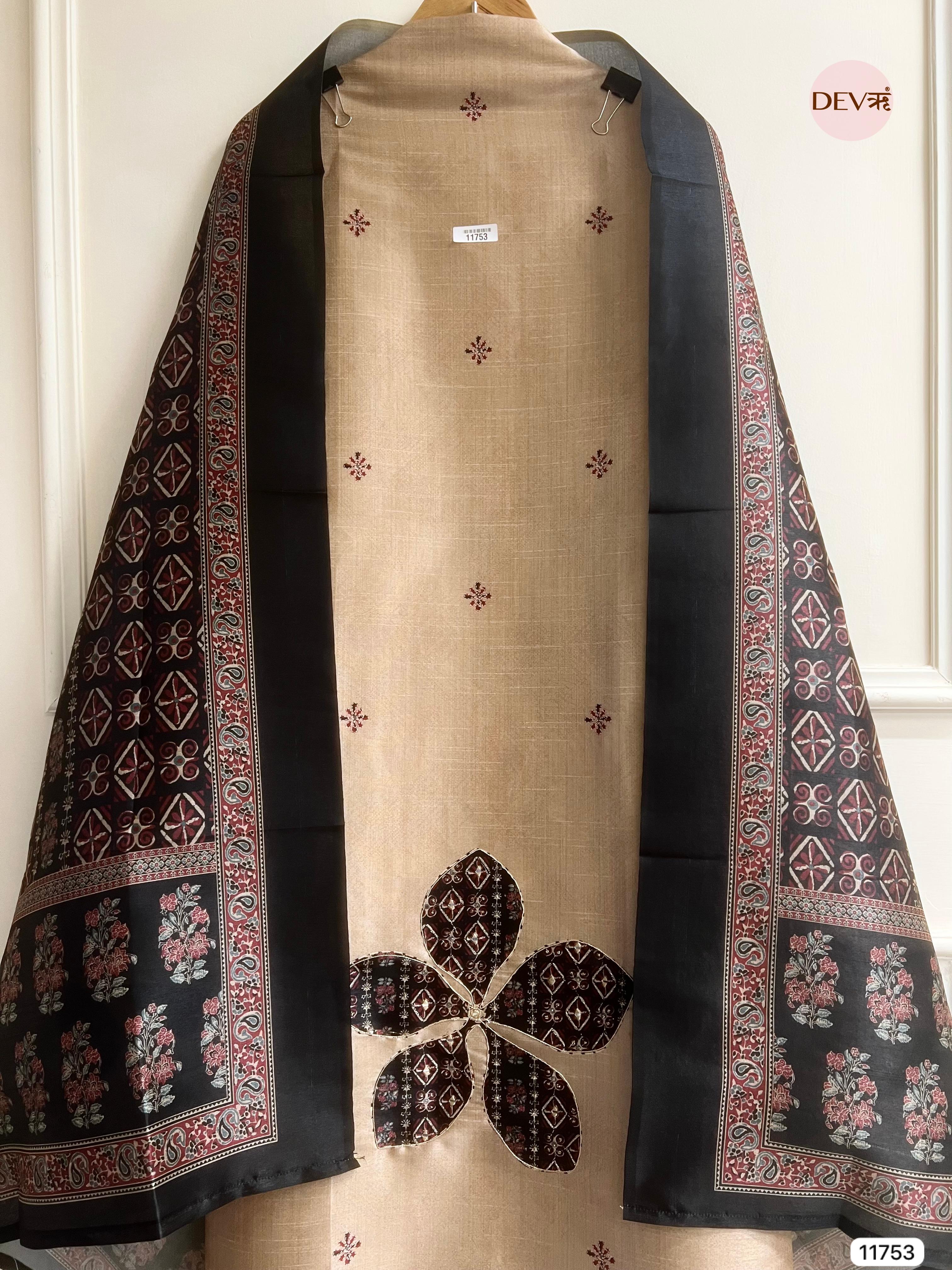 Beige colour Raw Silk Unstitched Hand Applique Work Embroidered -Set Of 3 - {11753}