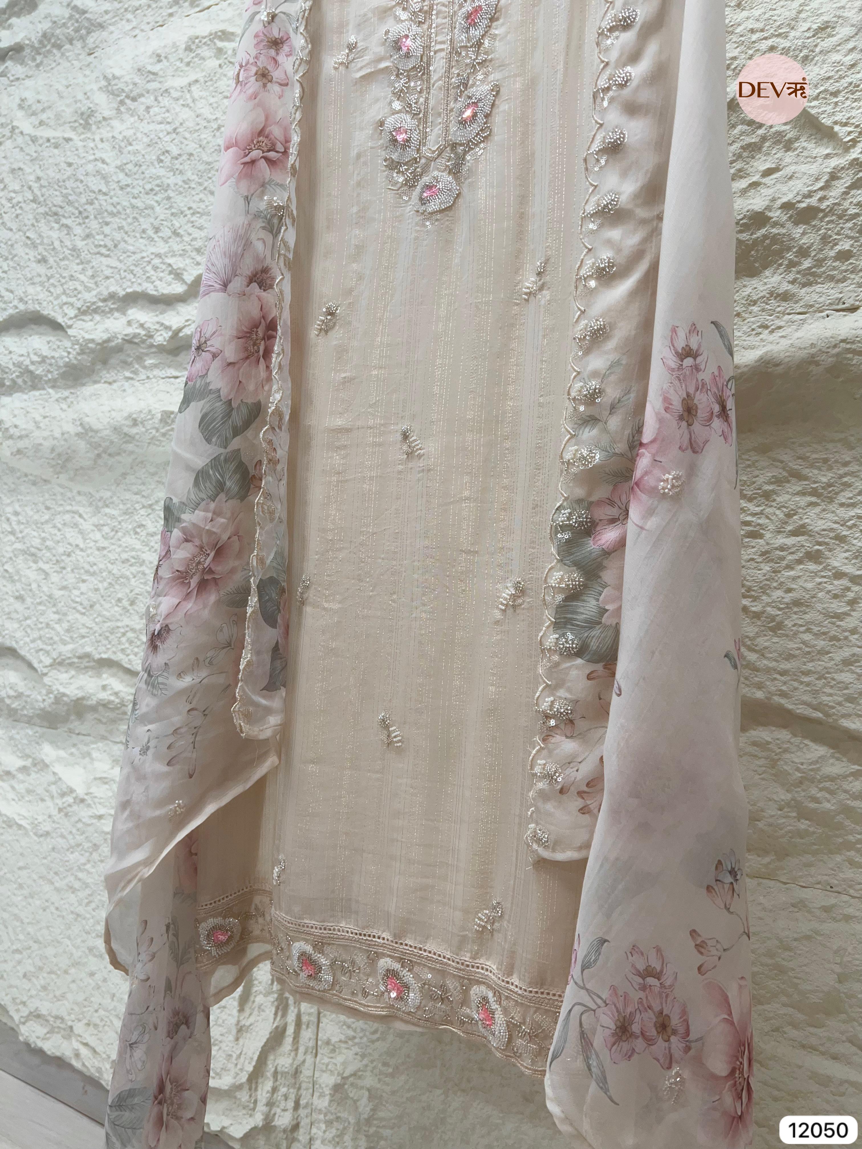 Off White Pure Organza Woven Unstitched Hand Embroidered -Set Of 3 - {12050}