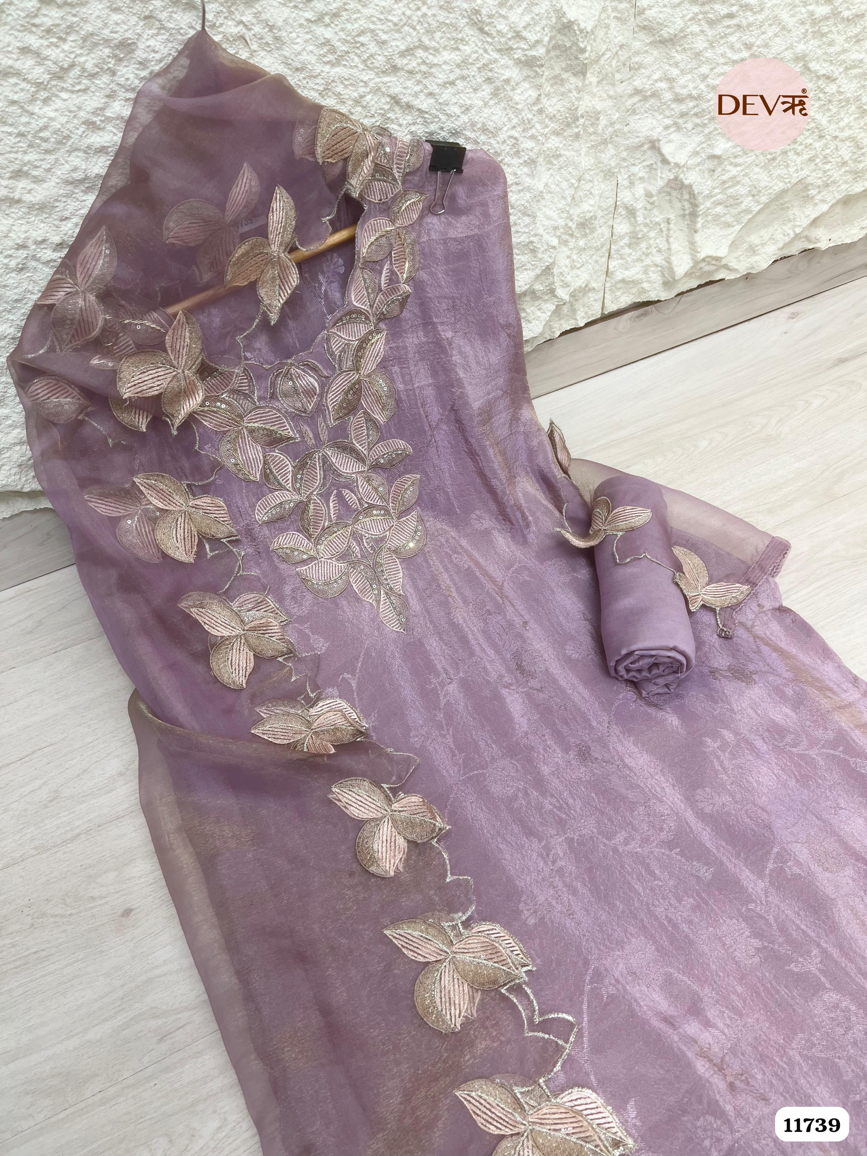 Purple Tissue Silk Woven Unstitched Embroidered -Set Of 3 {11739}