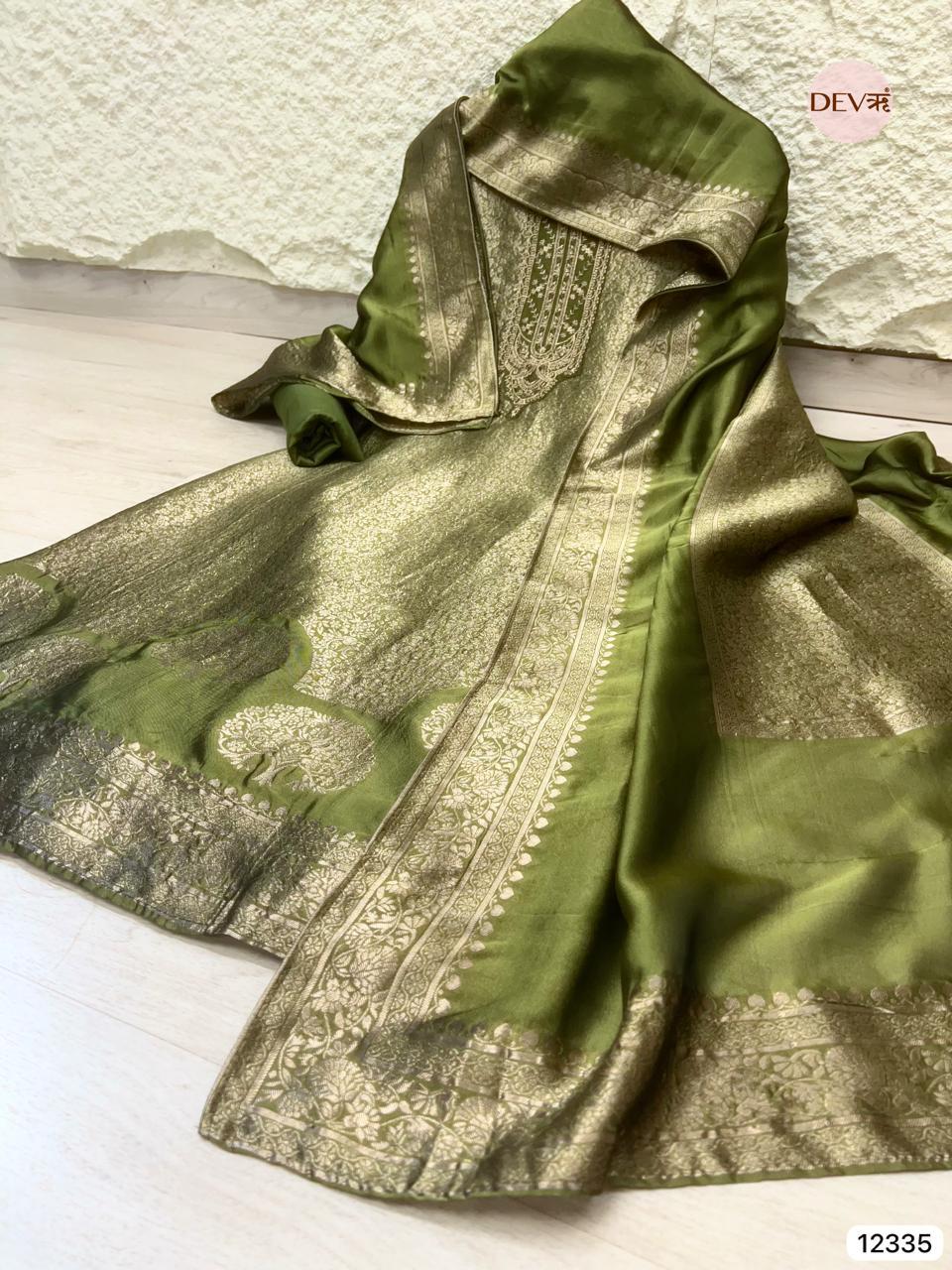 Olive Green Pure Banarasi Silk Embroidered Unstitched 3-Piece Suit (Devri – D.No 12335)