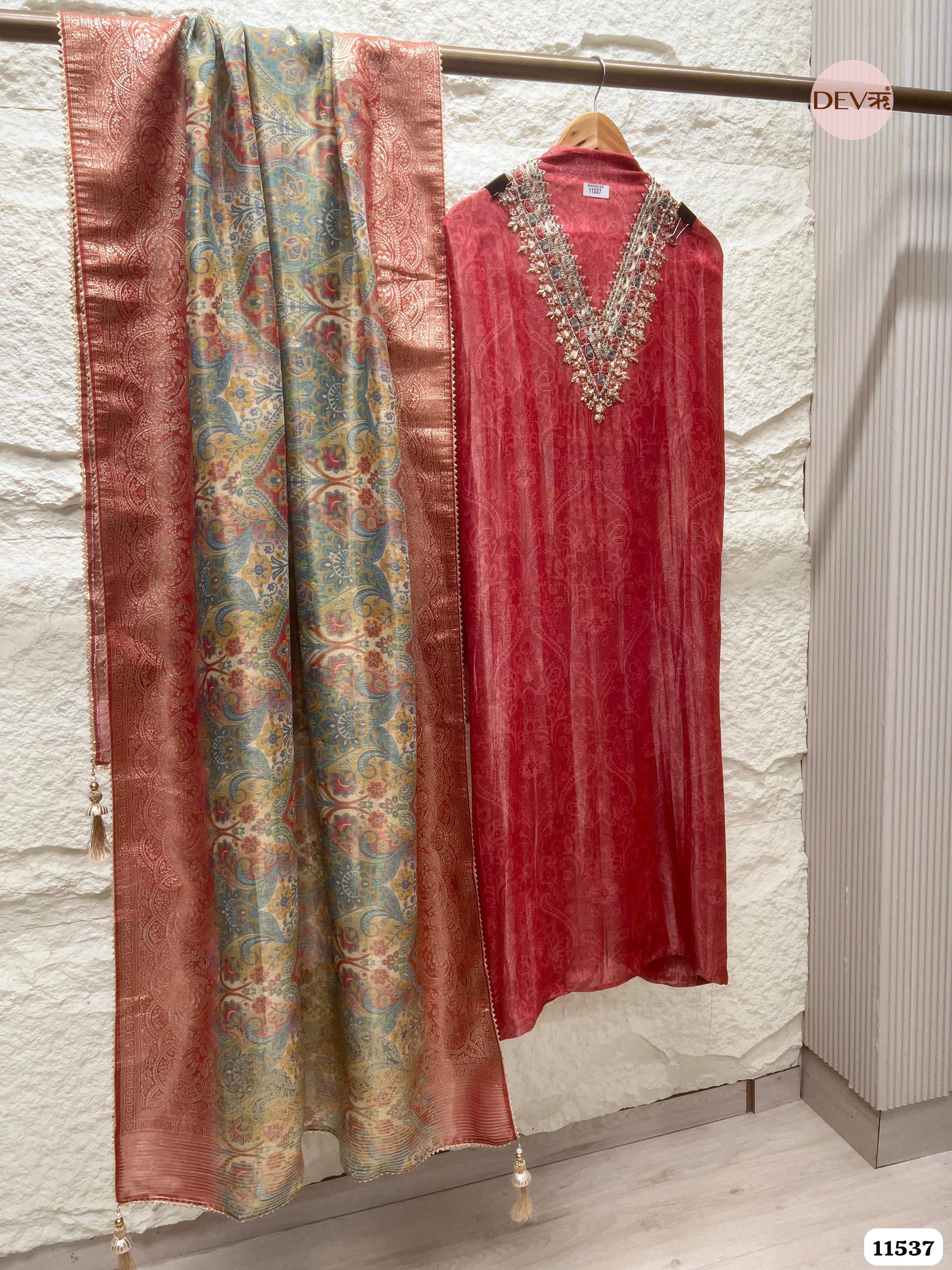 Red Pure Tissue Silk Unstitched Printed Hand Embroidered -Set Of 3 {11537}