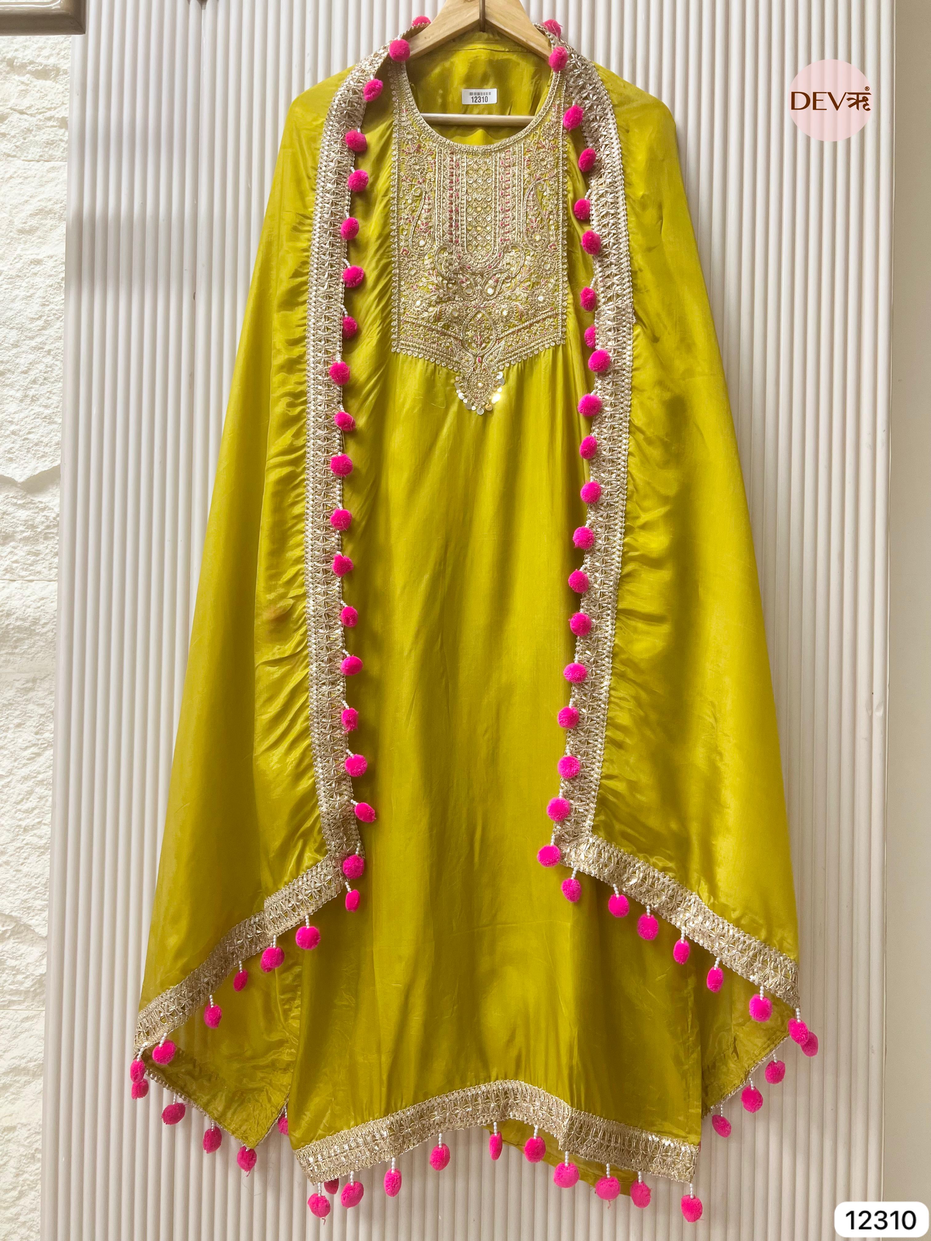 Lime Green Glass Organza Embroidered Unstitched 3-Piece Suit (Devri – D.No 12310)