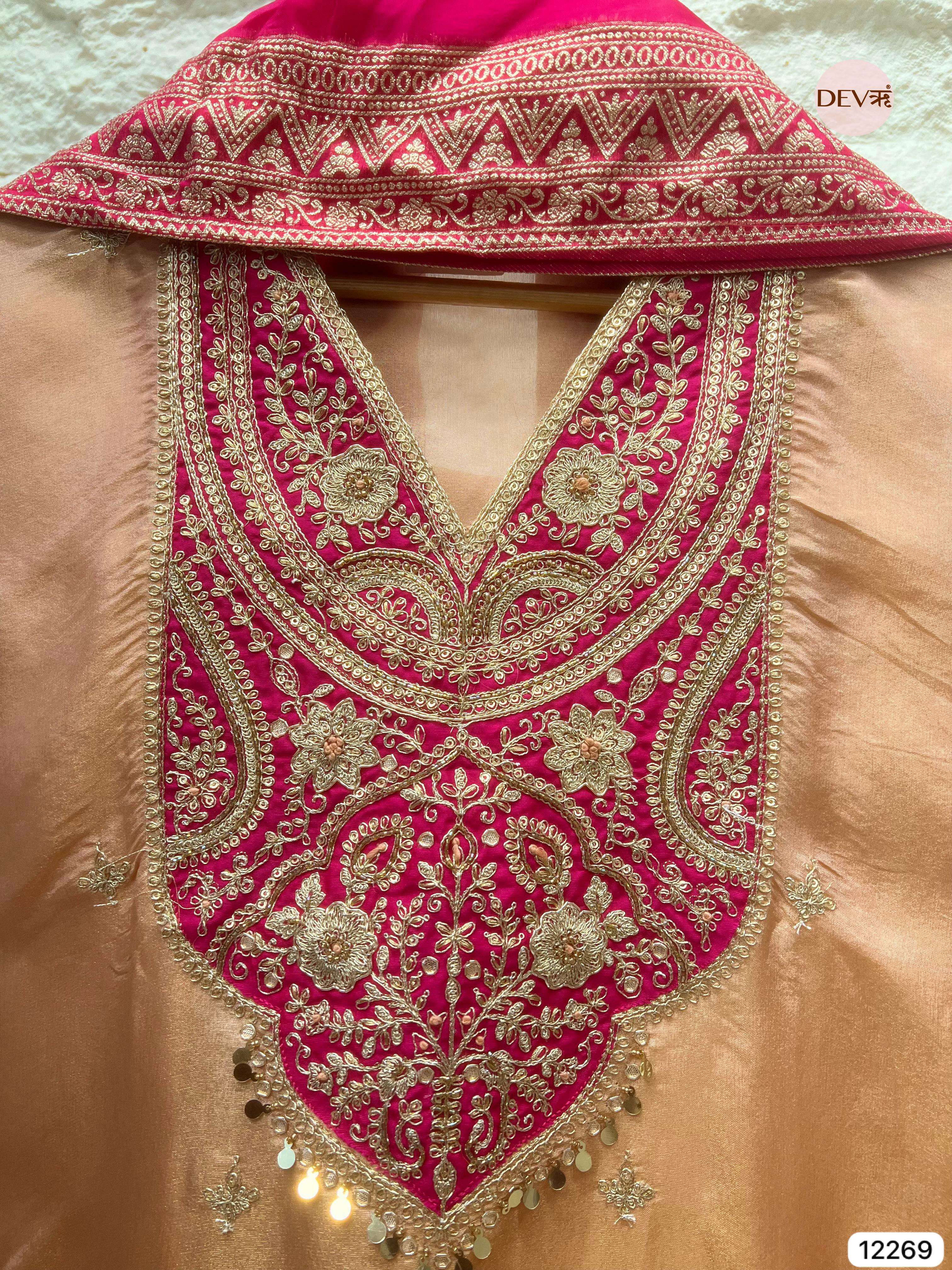 Peach–Rani Tissue Shimmer Silk Embroidered Unstitched 3-Piece Suit (Devri – D.No 12269)