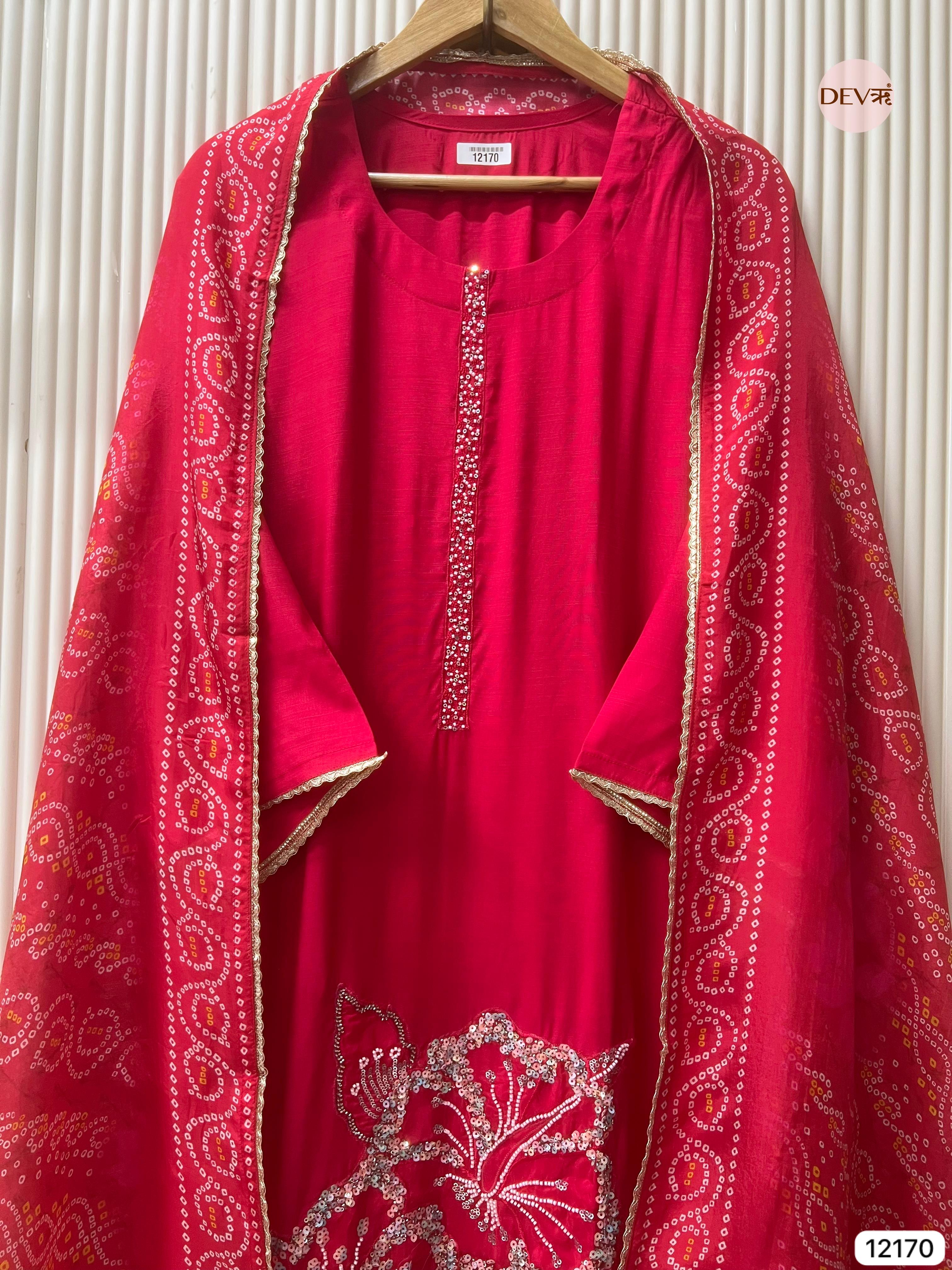 Red Pure Russian Silk Semi stitched Hand Embroidered -Set Of 3 - {12170}