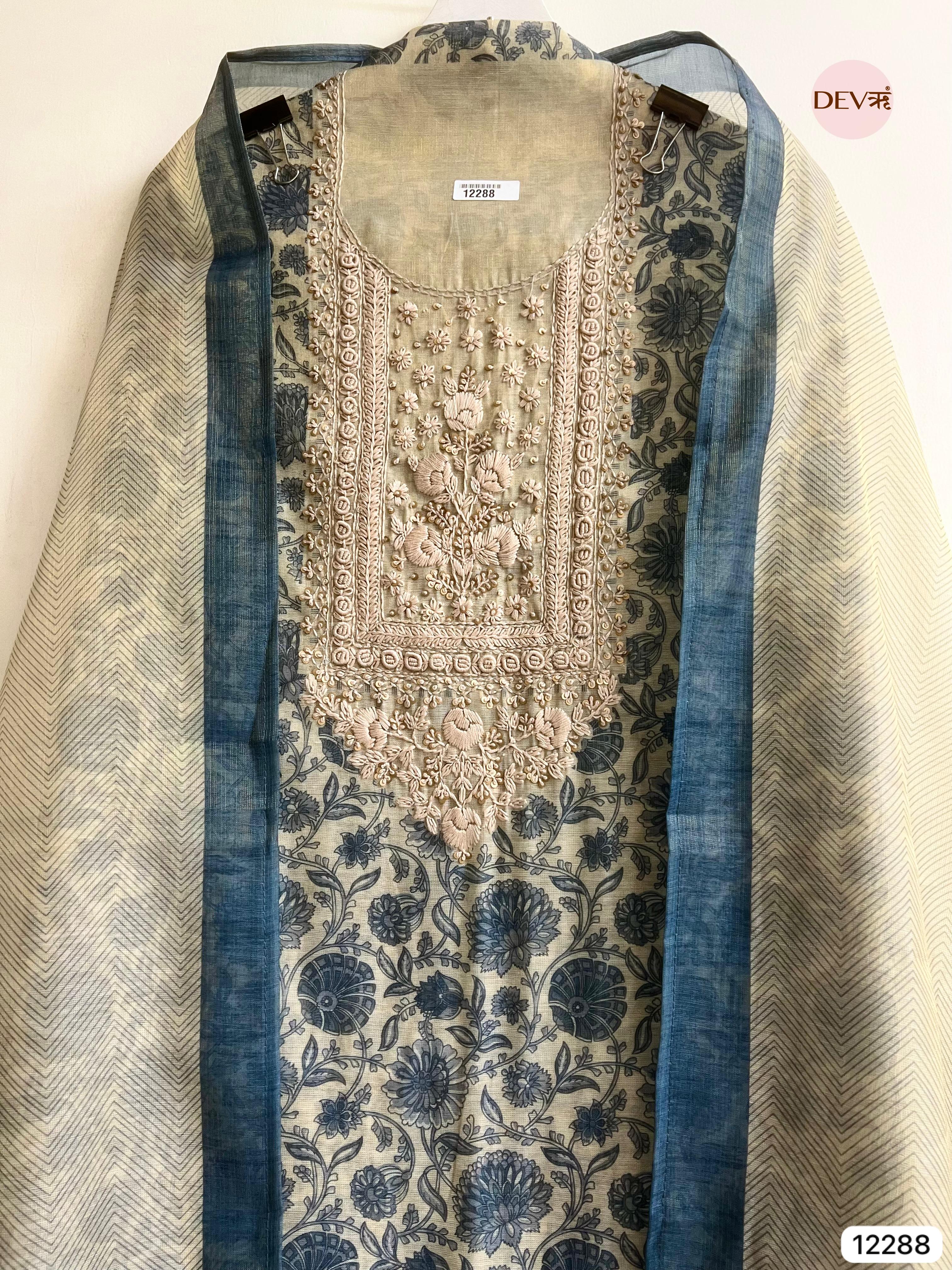 Ivory Blue Tissue Silk Embroidered Unstitched 3-Piece Suit (Devri – D.No 12288).