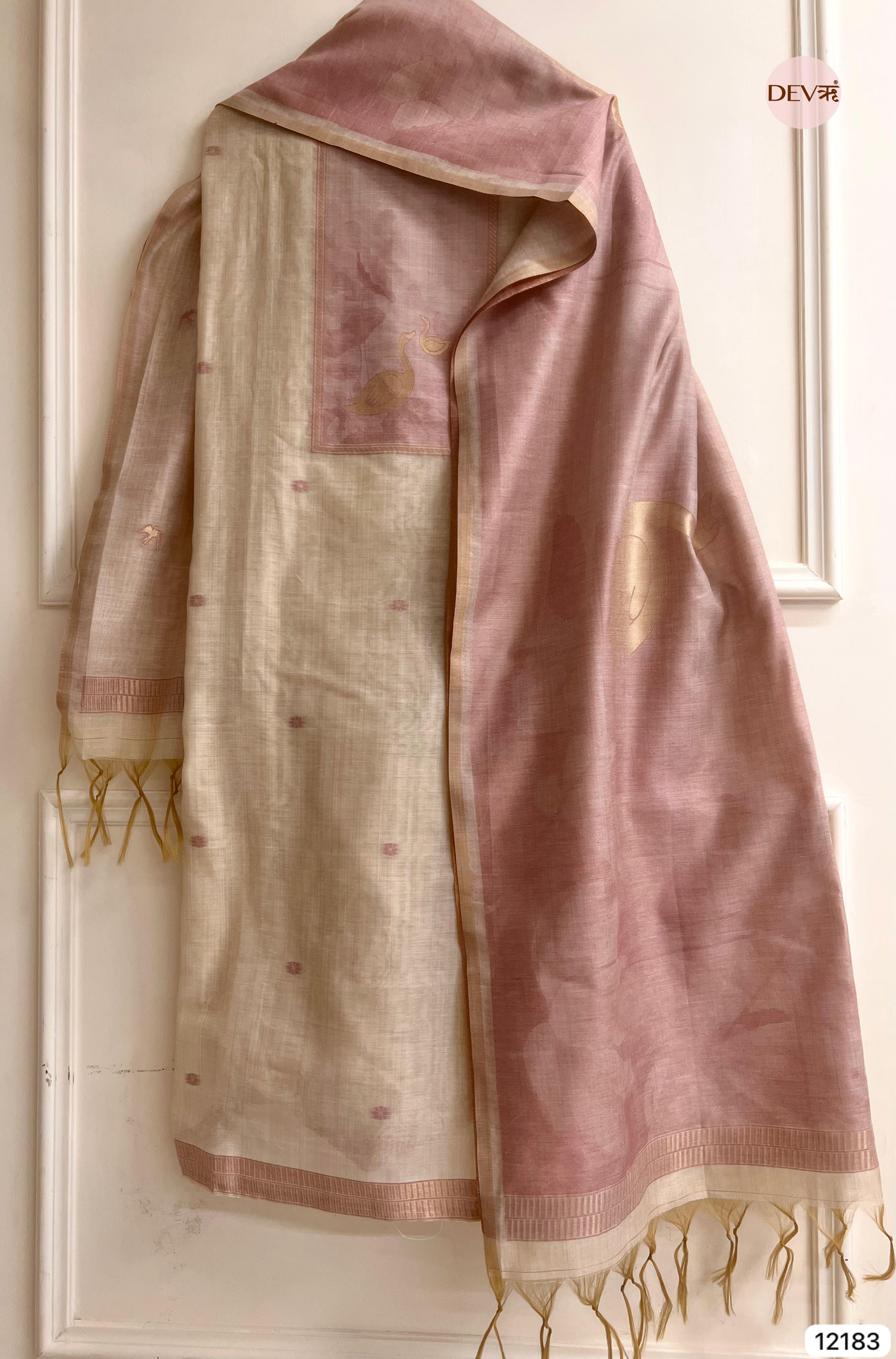 Off White Pure Jamdhani Silk Unstitched Banarasi Woven -Set Of 3 - {12183}