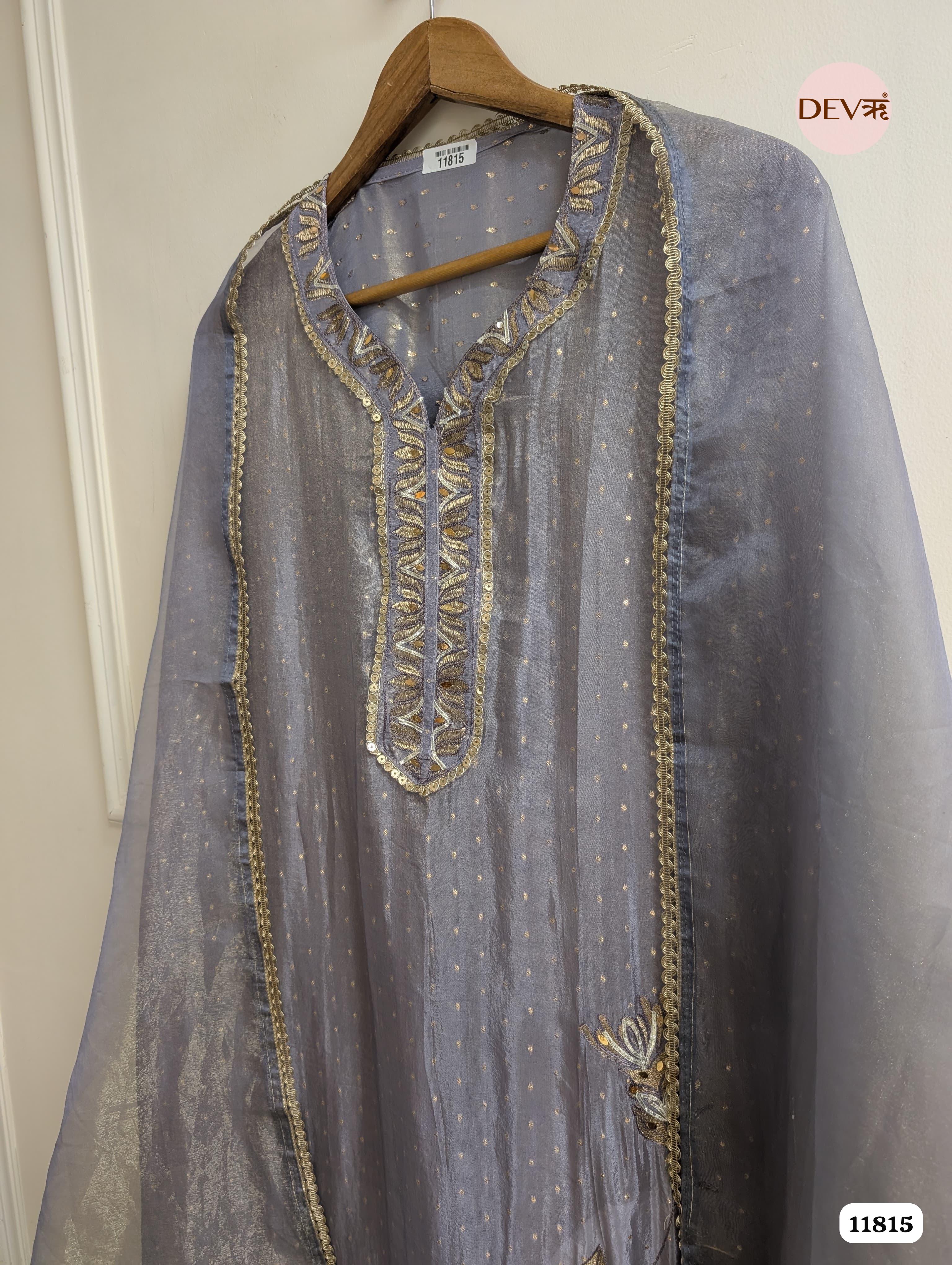 Grey Blue Tissue Silk Woven Unstitched Embroidered -Set Of 3 {11815}