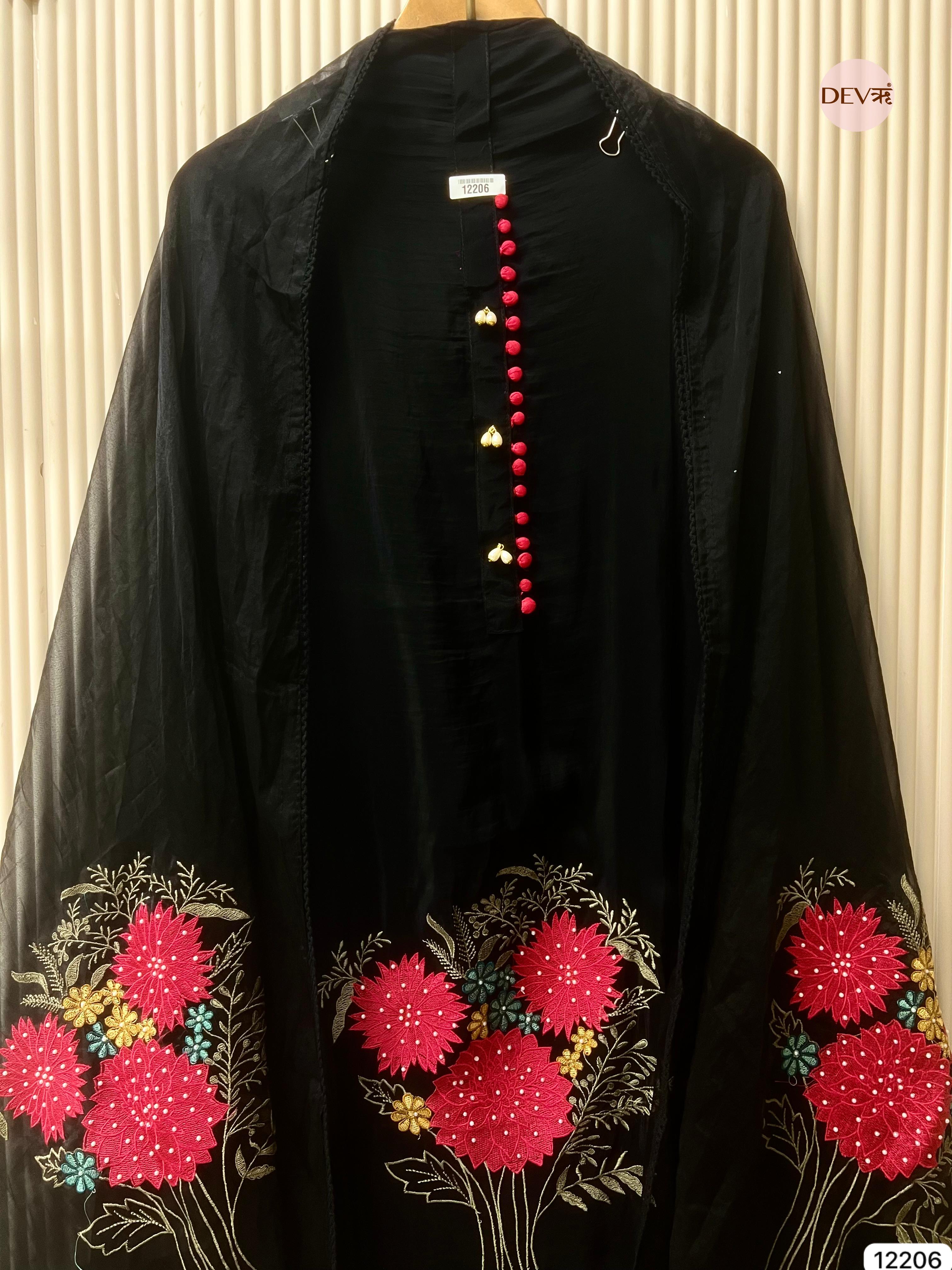 Black Glass Organza Embroidered Unstitched 3-Piece Suit (Devri – D.No 12206)