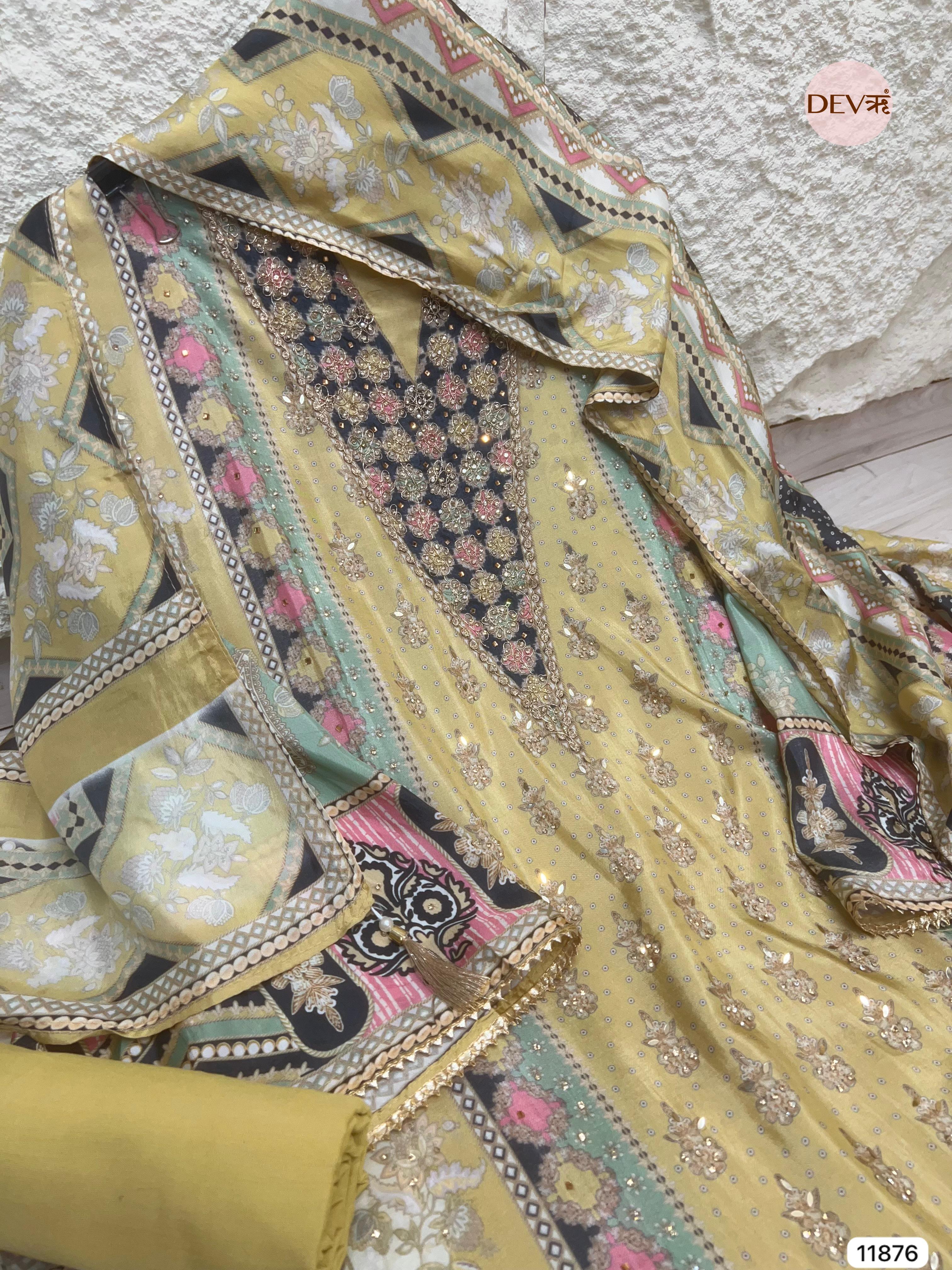 Yellow Glass Silk Semi Stitched Pakistani Printed Hand Embroidered -Set Of 3- {11876}
