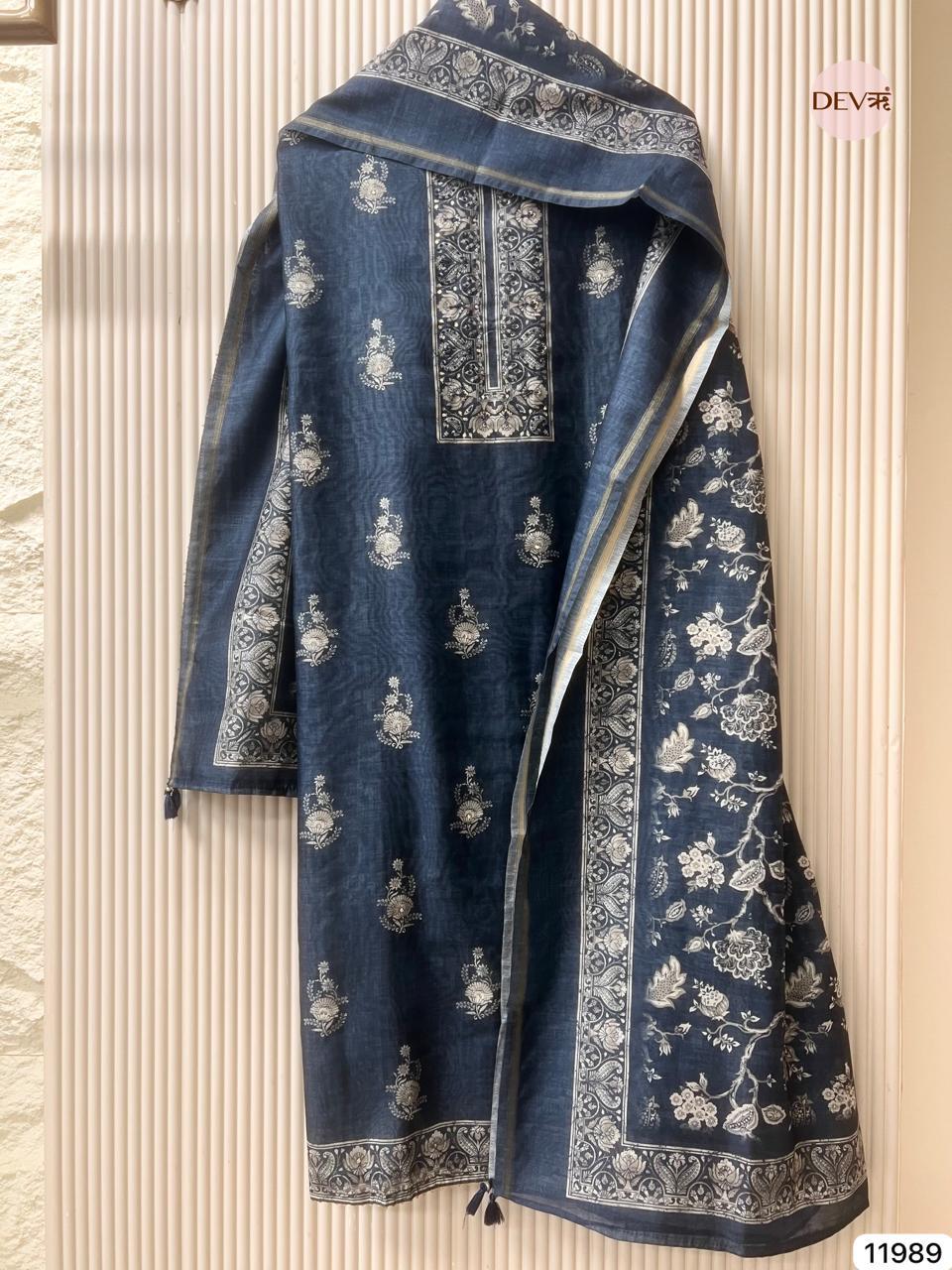 Navy Mul Chanderi Printed Unstitched 3-Piece Suit (Devri – D.No 11989)